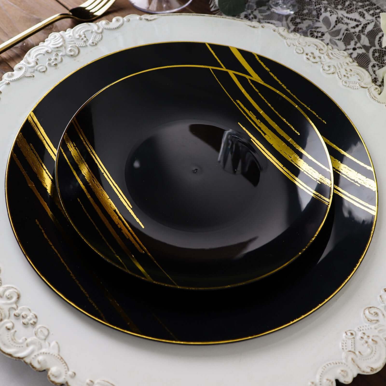 10-Pack Plastic 7 Round Dessert Plates in Black with Gold Brush Stroked Print - Disposable Appetizer Salad Plates for Modern Themed Events & Banquets