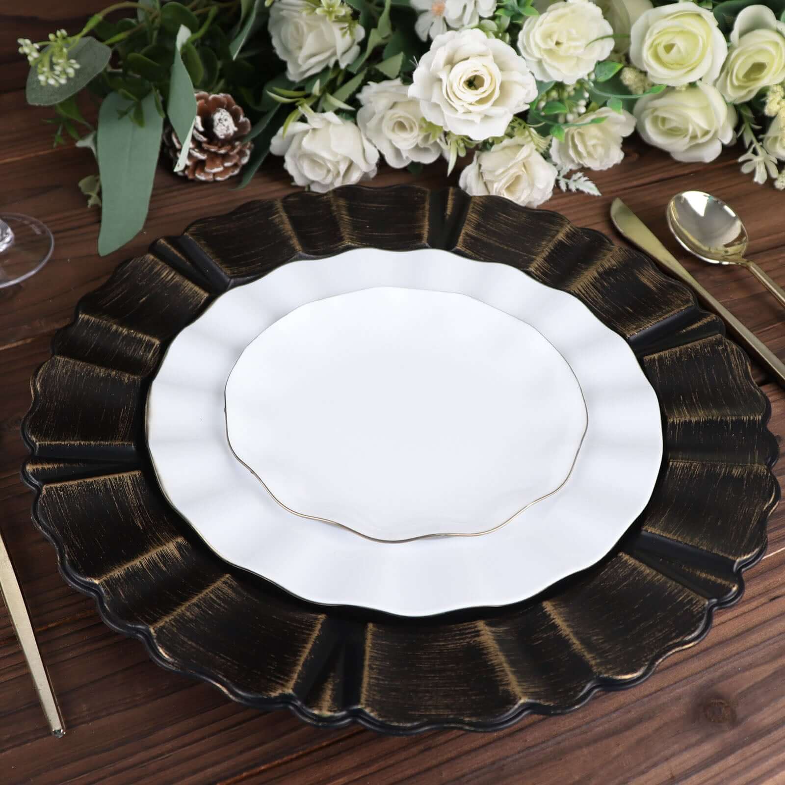 6-Pack Acrylic Plastic Round Charger Plates 13 in Matte Black with Gold Brushed Wavy Scalloped Rim, Decorative Dinner Party Charger Tableware