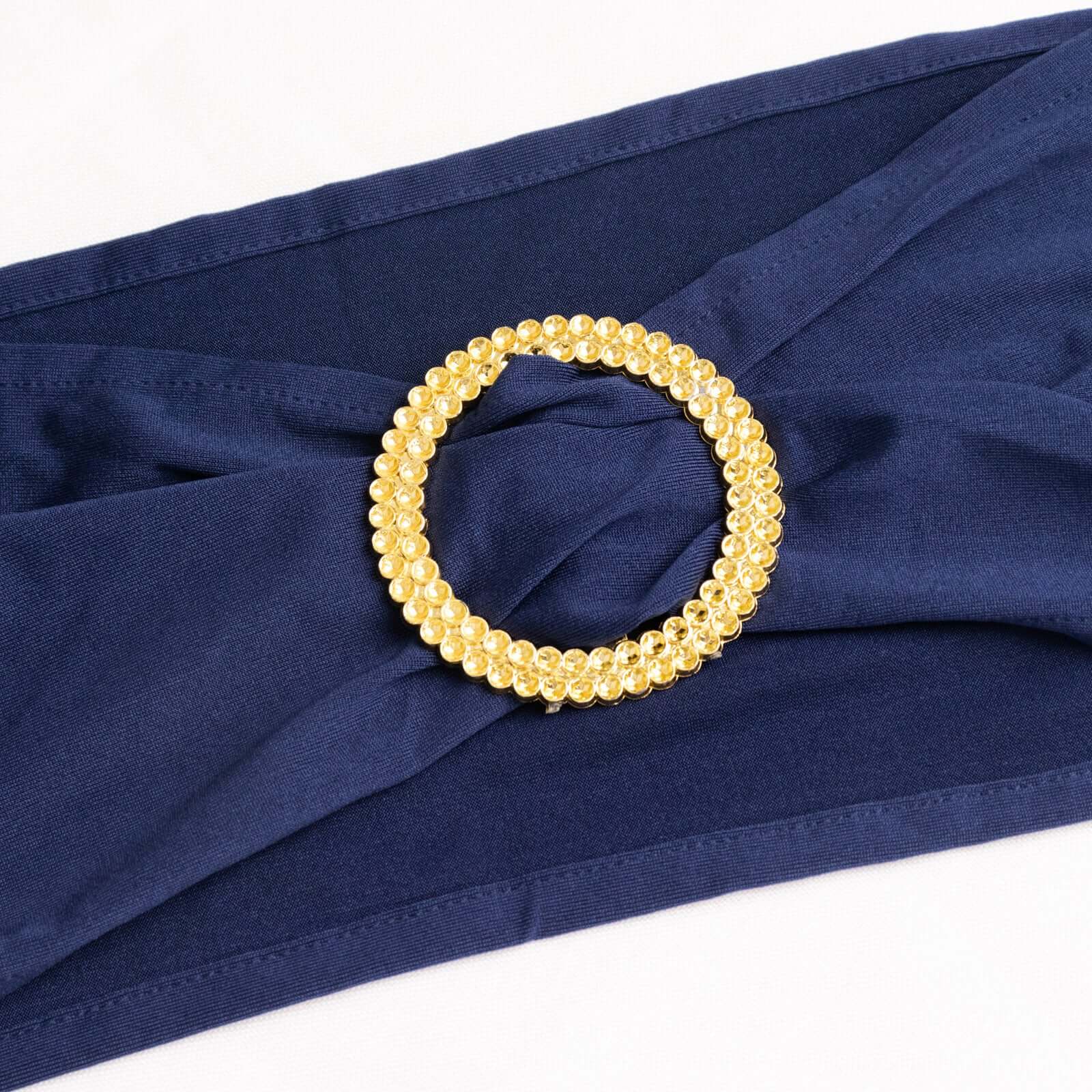 5 Pack Spandex Chair Sashes Navy Blue with Gold Rhinestone Buckles - Reusable Four-Way Stretch Sash Bands 5x14