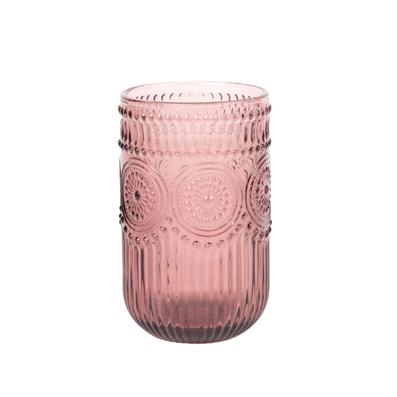 6-Pack Glass Tumblers Dusty Rose Vintage Embossed Design with Textured Floral Pattern - Highball Glasses for Drinks & Parties 14oz