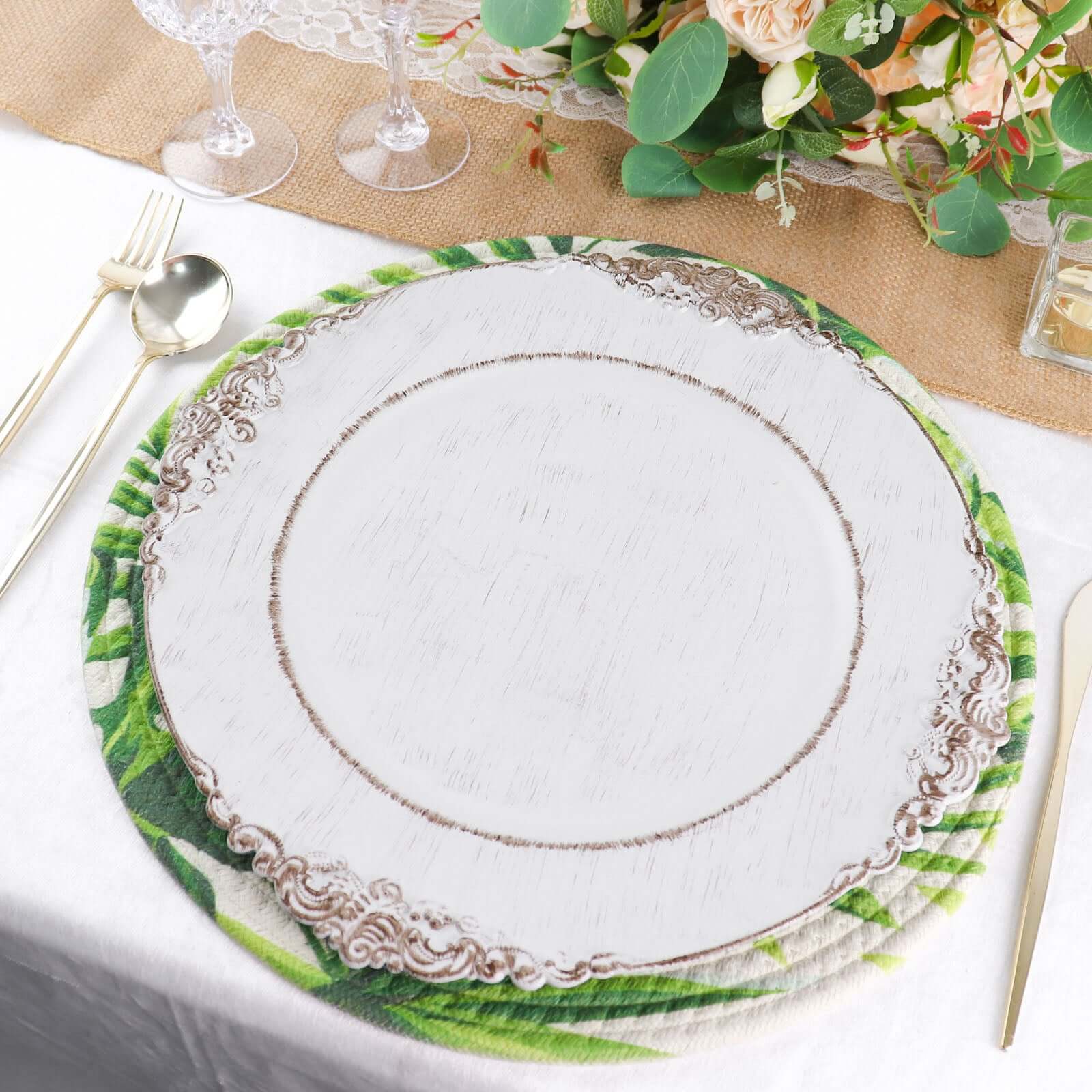 4-Pack Table Placemats Tropical Leaf Design Green Cotton Round - Woven Indoor/Outdoor Dining Mats 15