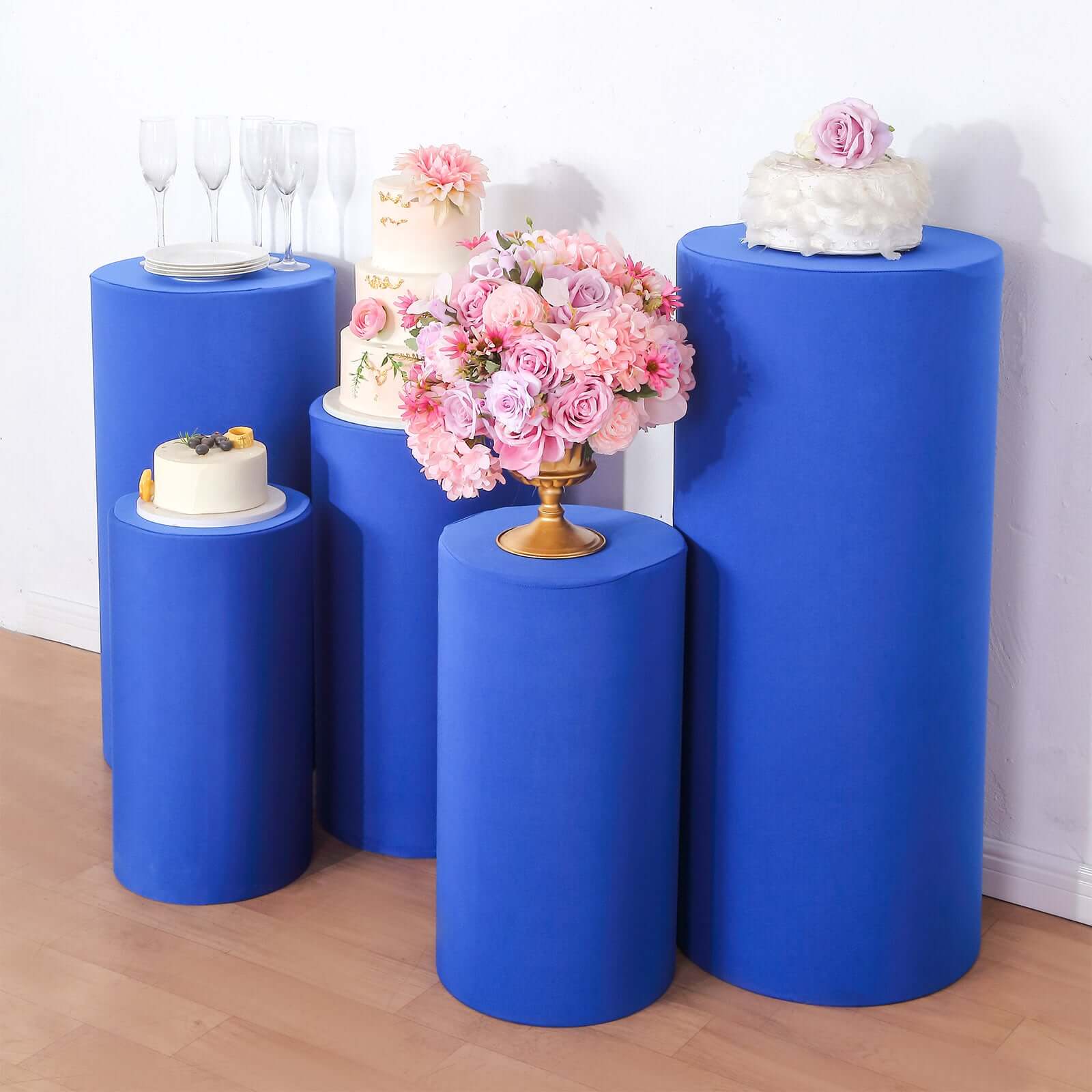 Set of 5 Royal Blue Spandex Cylinder Pedestal Stand Covers, Stretchable Pillar Prop Covers - 160 GSM