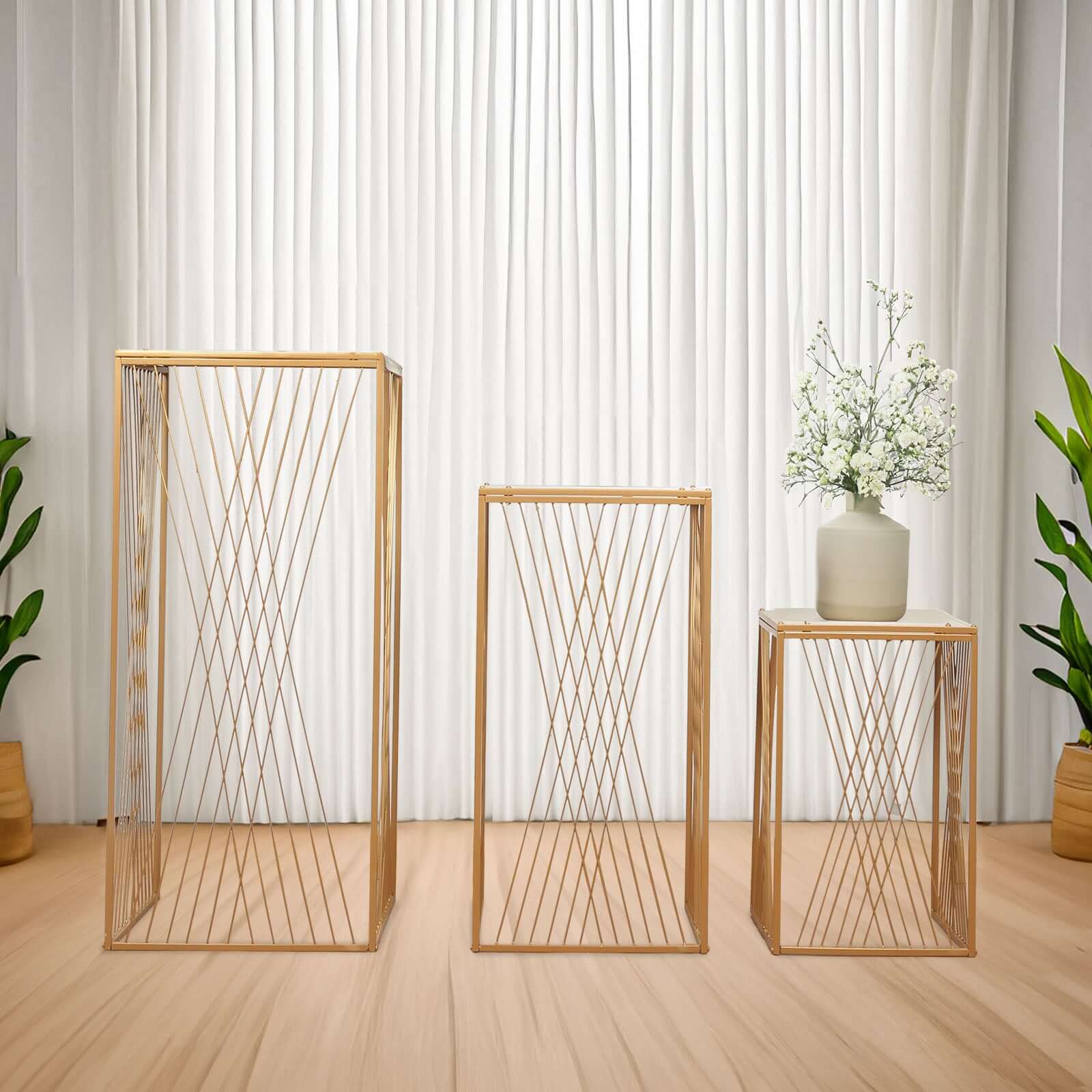 Set of 3 Gold Metal Rectangular Plant Stands with Geometric Crossed Lines Pattern, Nesting Cake Dessert Tables Floral Display Stands - 19,27,35