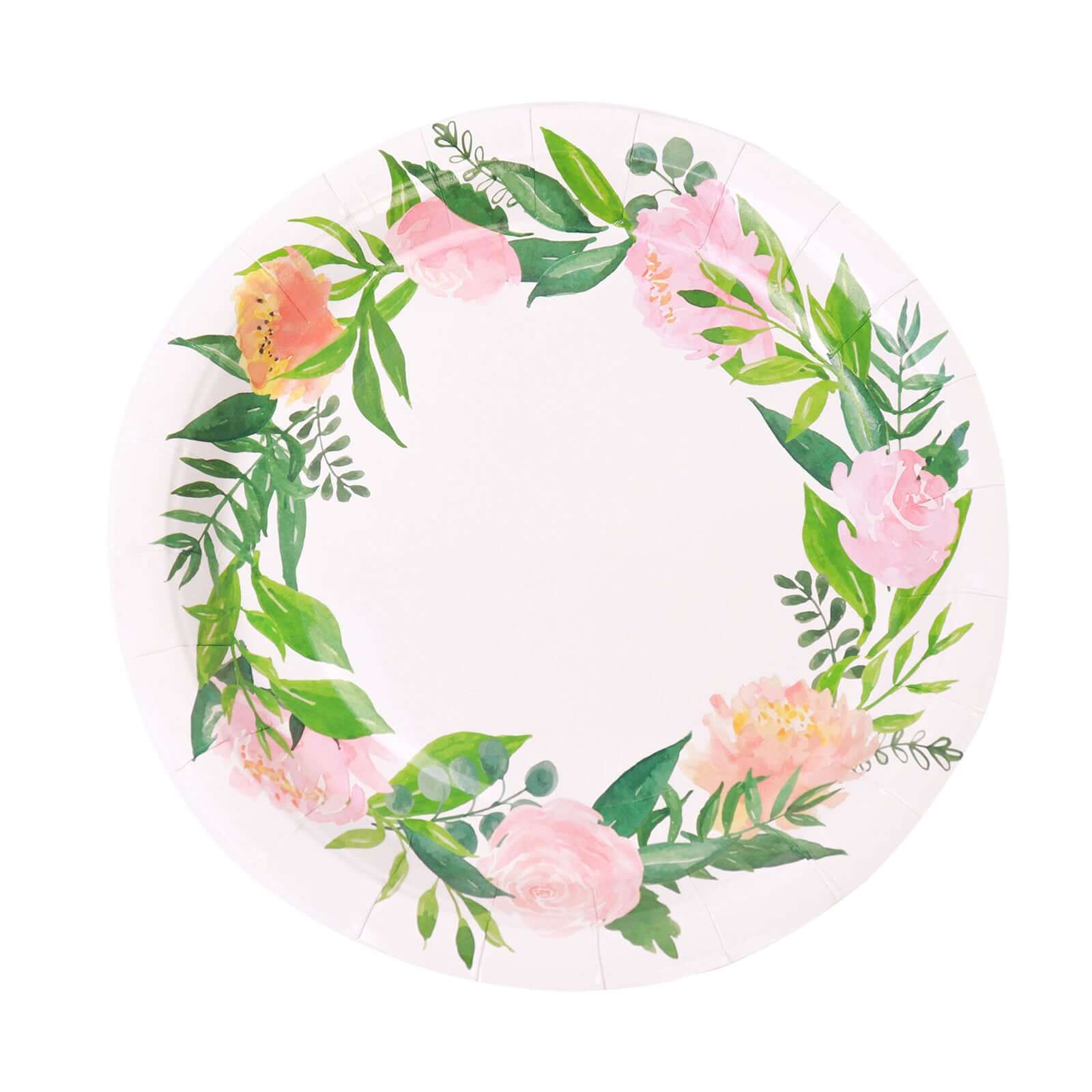 25-Pack Paper 9 Round Dinner Plates in White with Rose/Peony Flower Wreath - Disposable Party Plates for Bridal Showers & Garden Parties