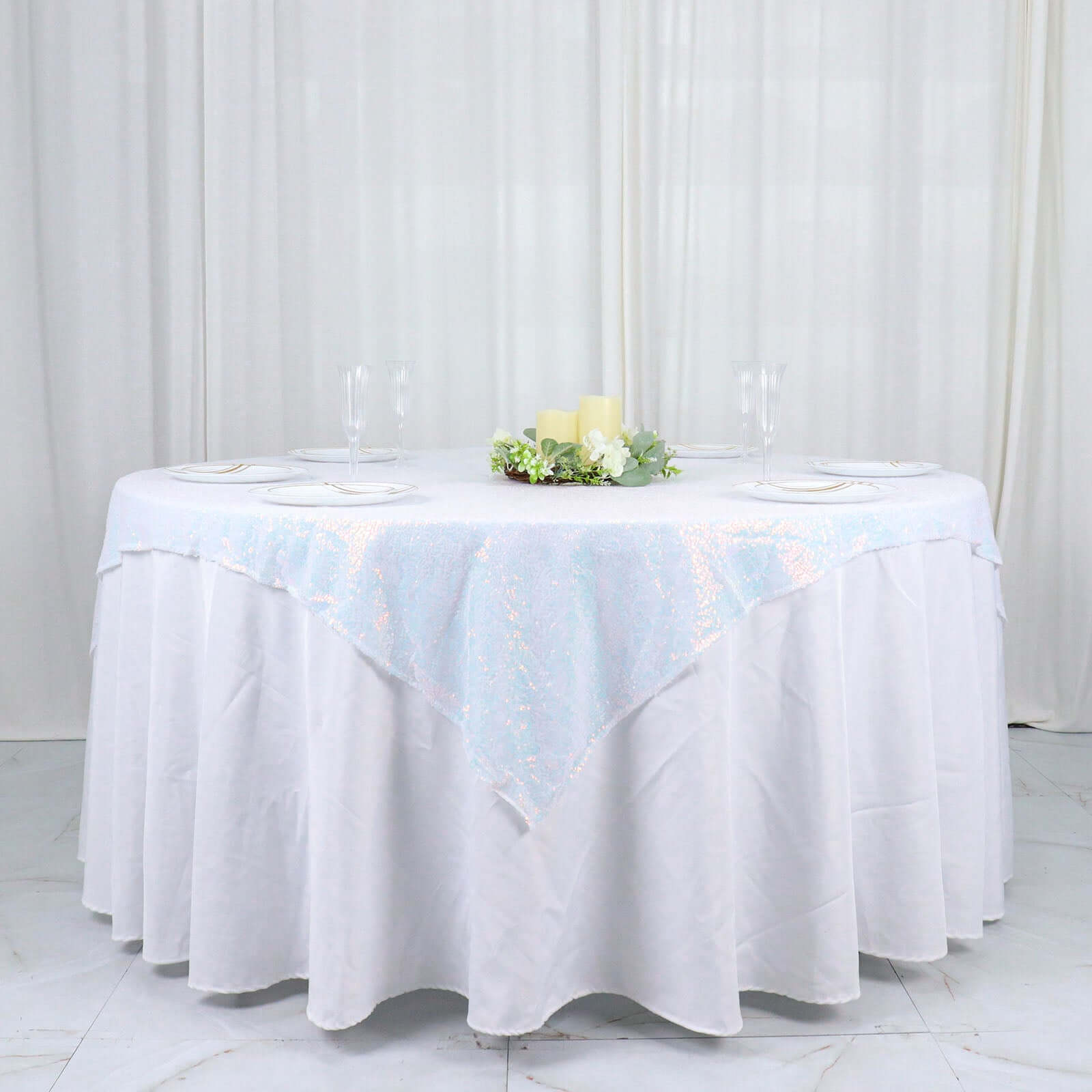 Sequin 60x60 Table Overlay Square Tablecloth Irisdescent Blue - Luxe Wedding Table Topper