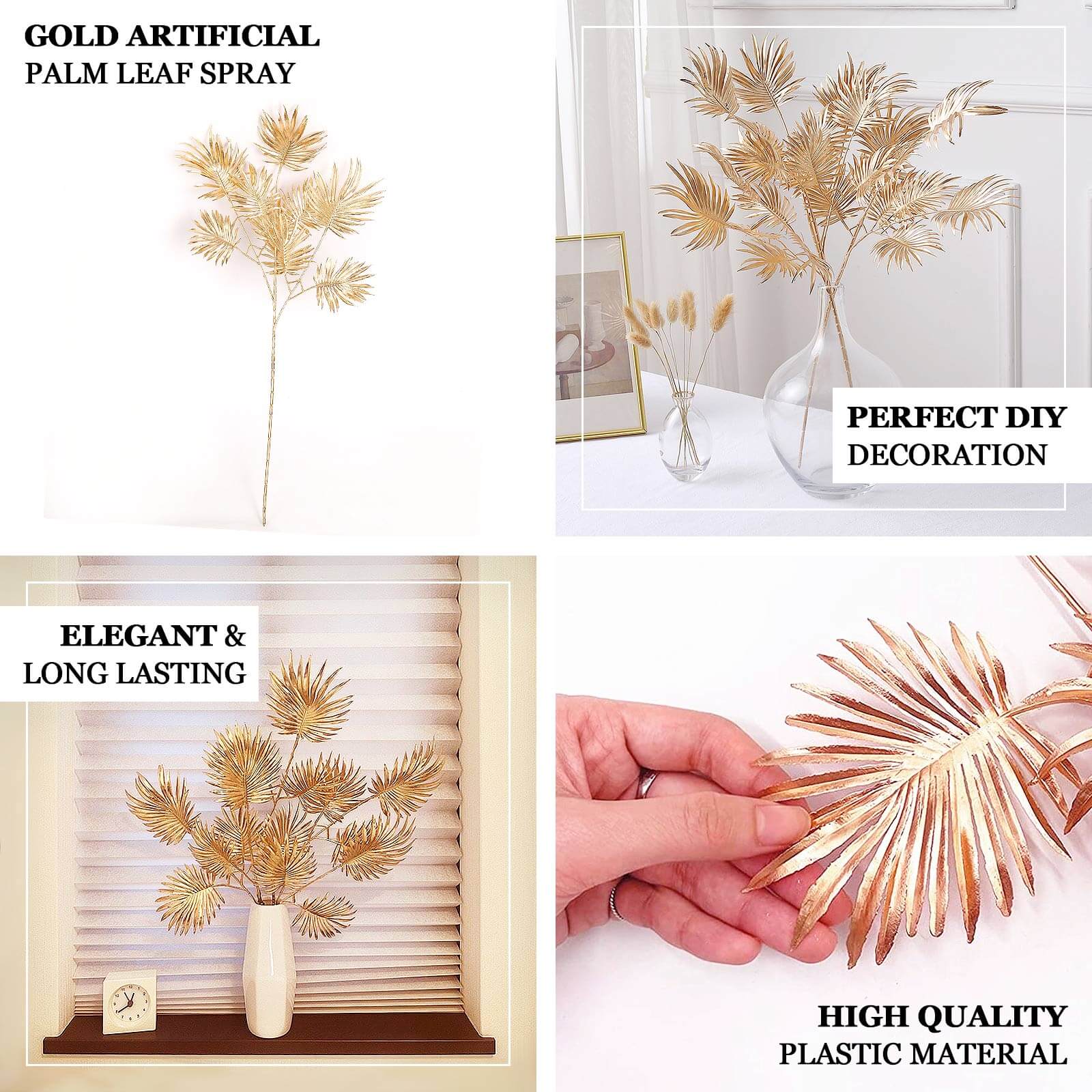 3-Pack Artificial Palm Leaf Branches Metallic Gold - Radiant Faux Plant Stems for Boho Tropical & Modern Design Concepts 24