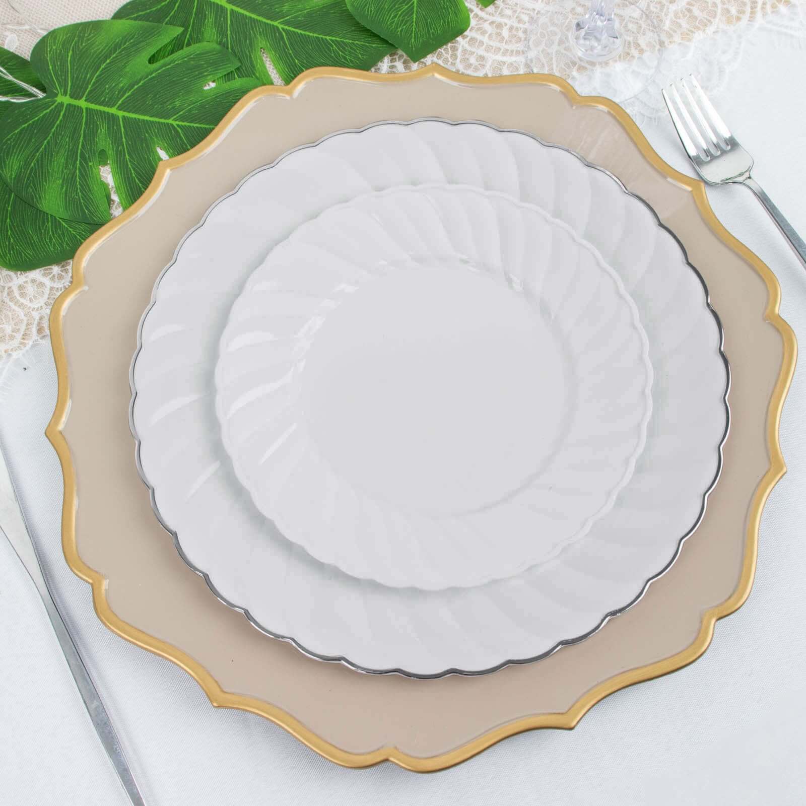 12-Pack Plastic Dessert Plates White Flair Rim - Sturdy Disposable Salad Plates 7.5