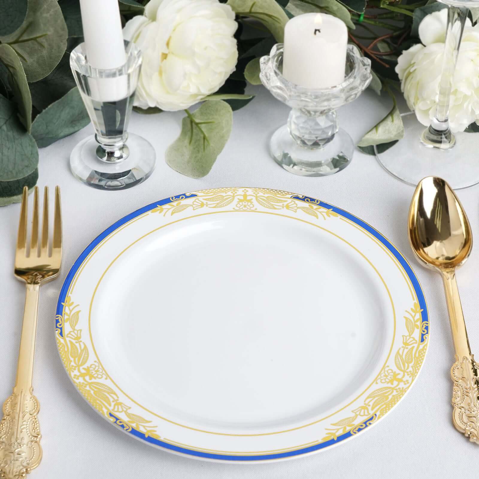 10-Pack Plastic 8 Round Dessert Plates in White with Royal Blue Rim - Stylish Gold Vine Design Disposable Salad/Appetizer Plates for Special Occasions & Celebrations