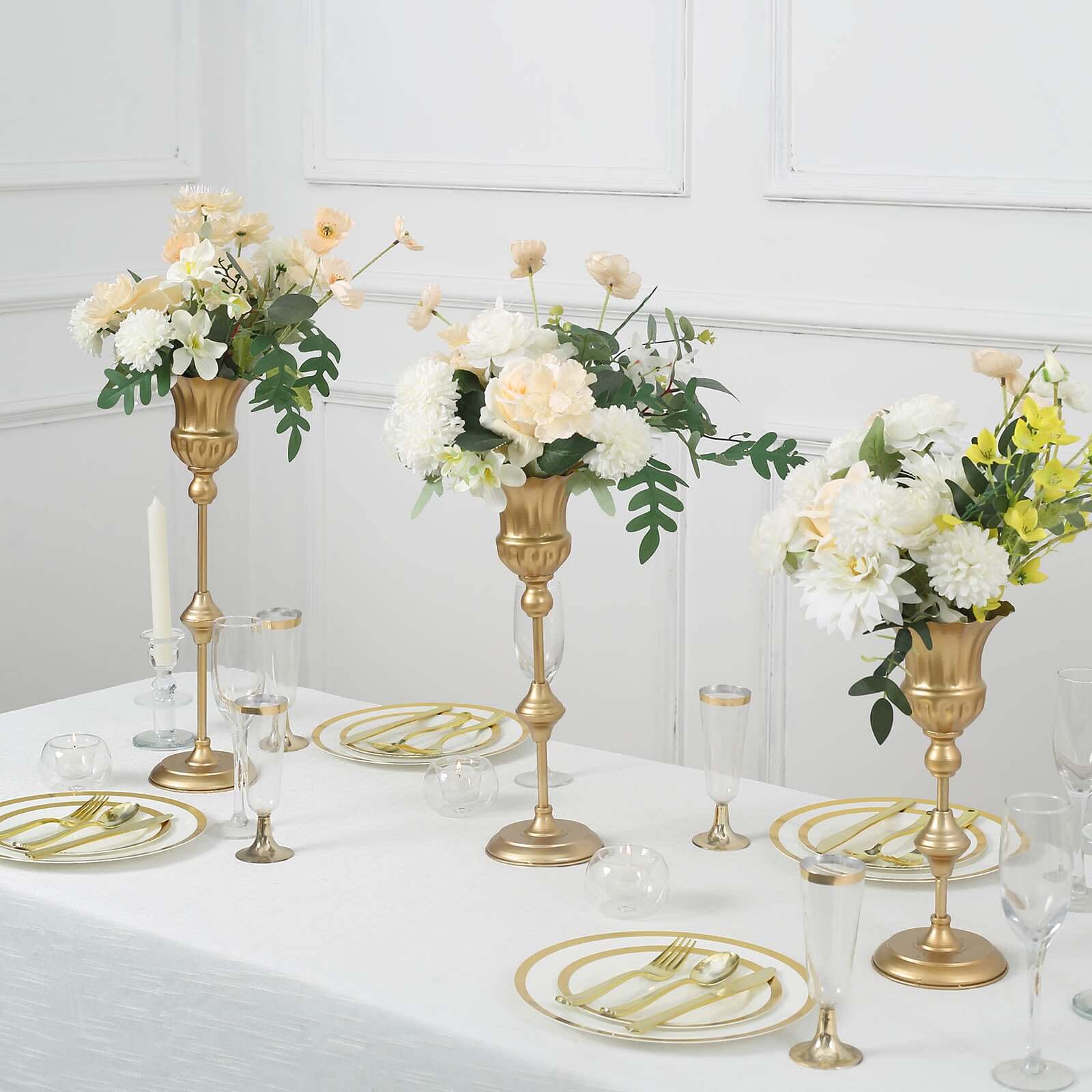 Set of 3 Trumpet Flower Vase Centerpieces Metallic Gold - Vintage Style Flute Table Decorative Stands 13, 16, 19