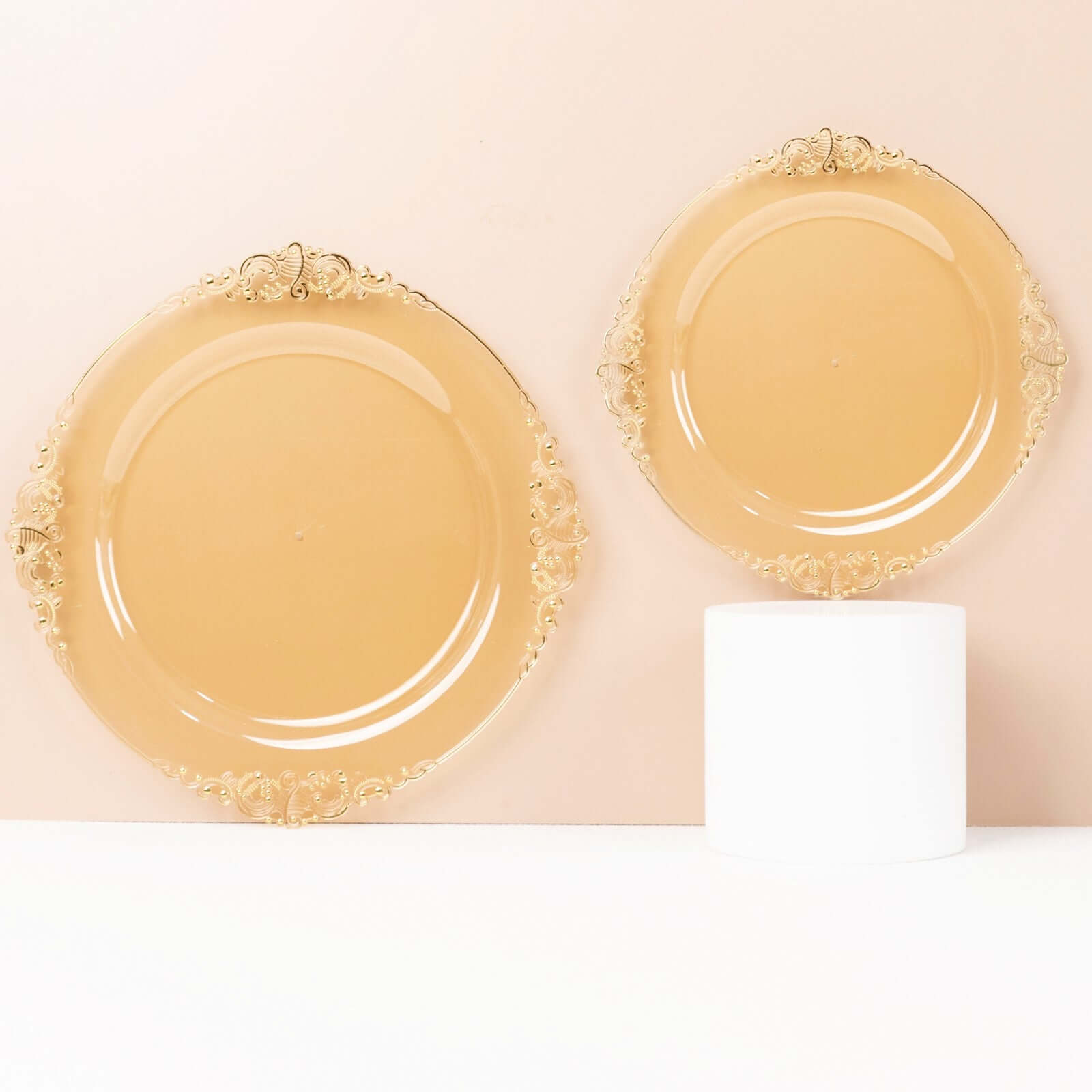 10-Pack Plastic 8 Round Dessert Plates in Transparent Amber Gold with Gold Leaf Embossed Rim - Disposable Vintage Baroque Style Salad Plates