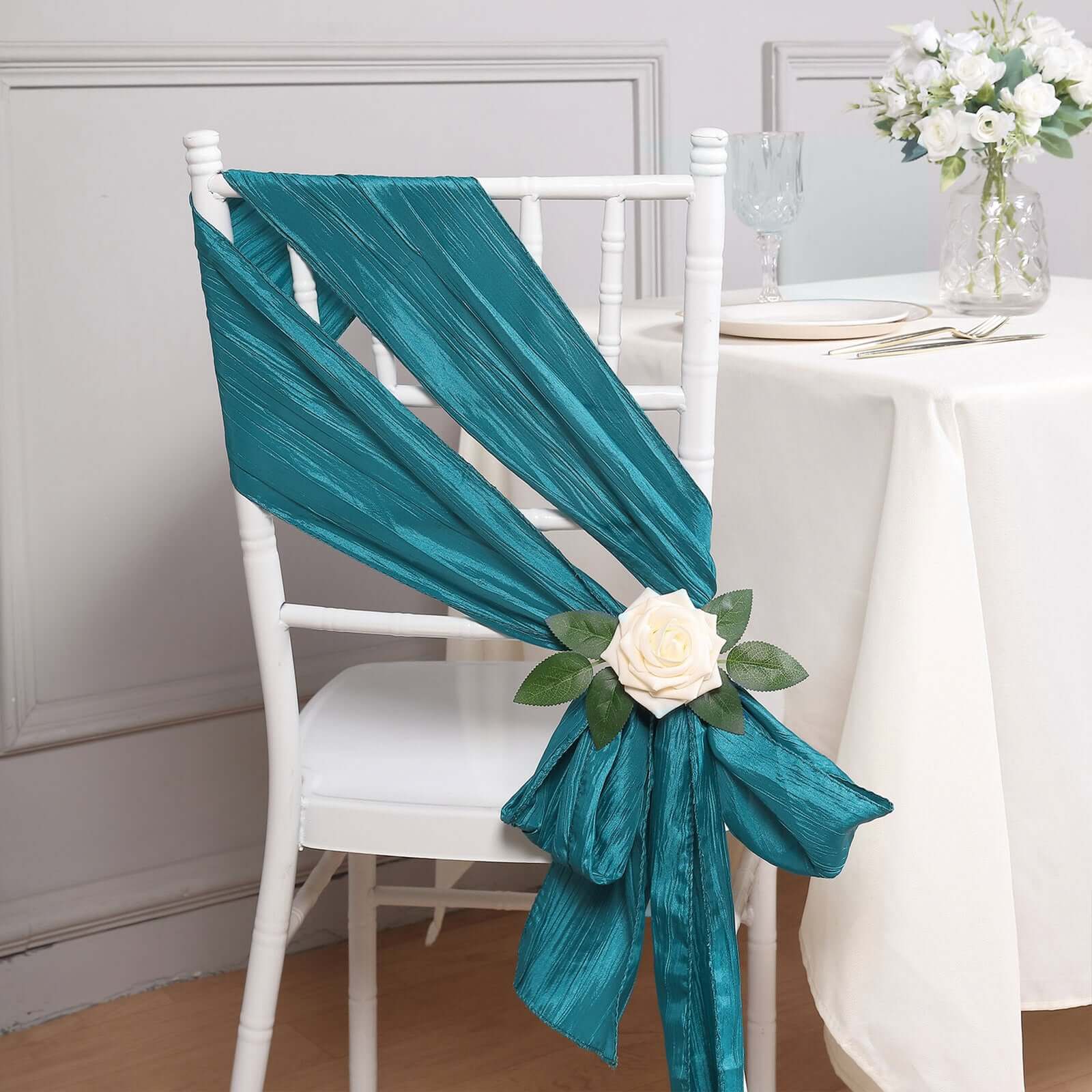 5 Pack Taffeta 6x106 Chair Sashes Teal Accordion Crinkle Texture - Stylish Decor for Weddings & Gatherings