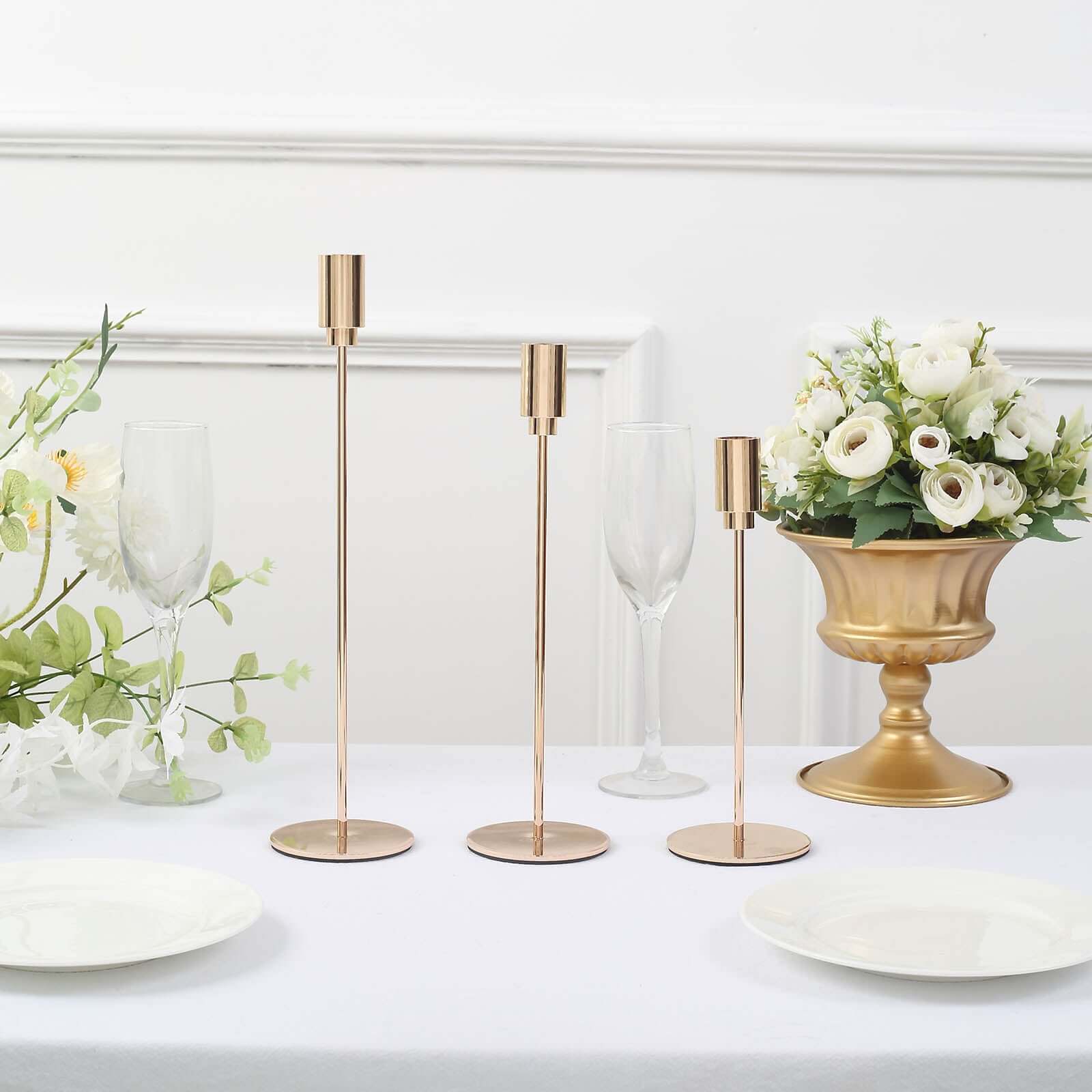 Set of 3 Taper Candle Stands Gold Metal Decorative Round Base Design - Wedding Table Accents 9, 10, 13