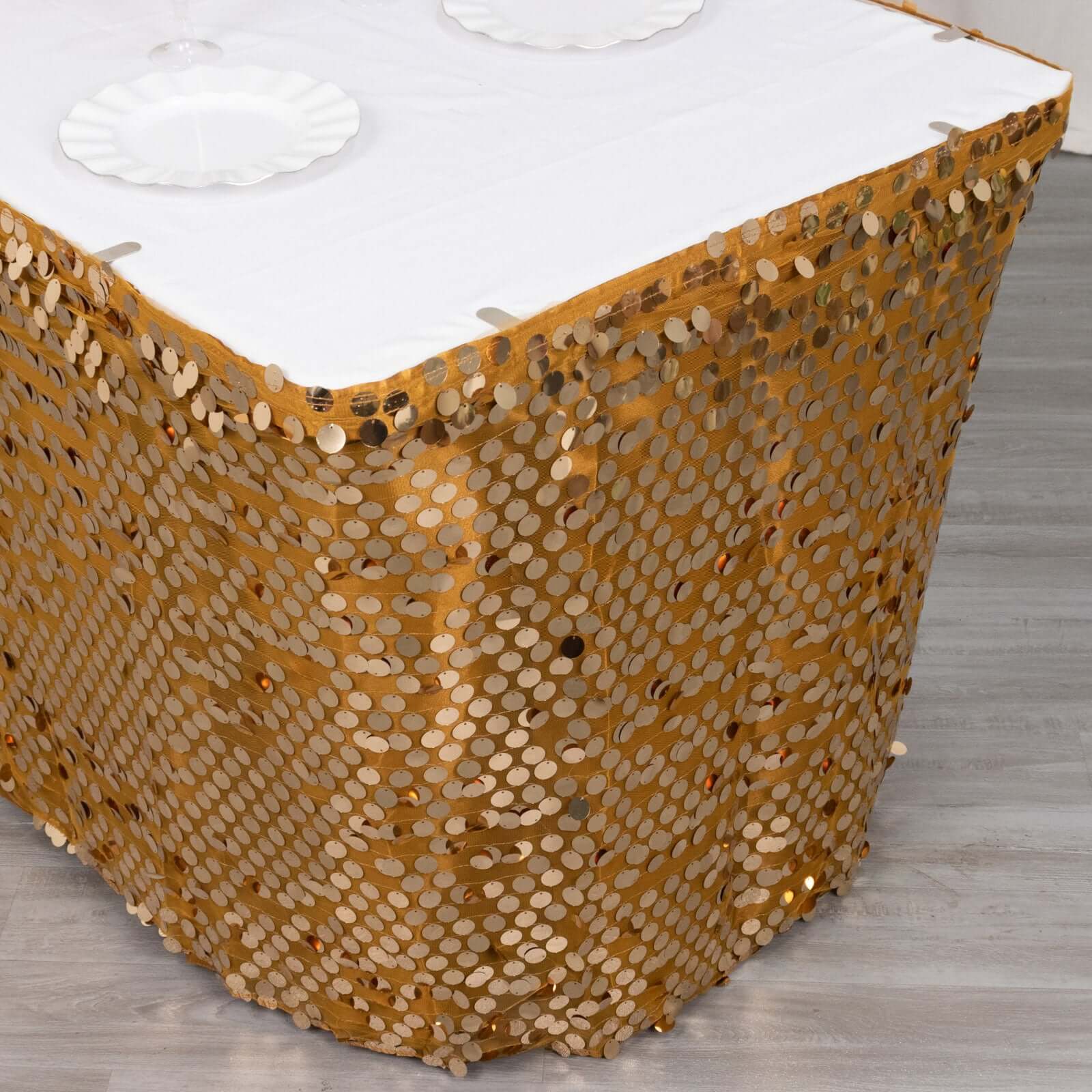 Payette Sequin 21ft Table Skirt Gold - Dual Layered Satin for Shimmering Event Décor