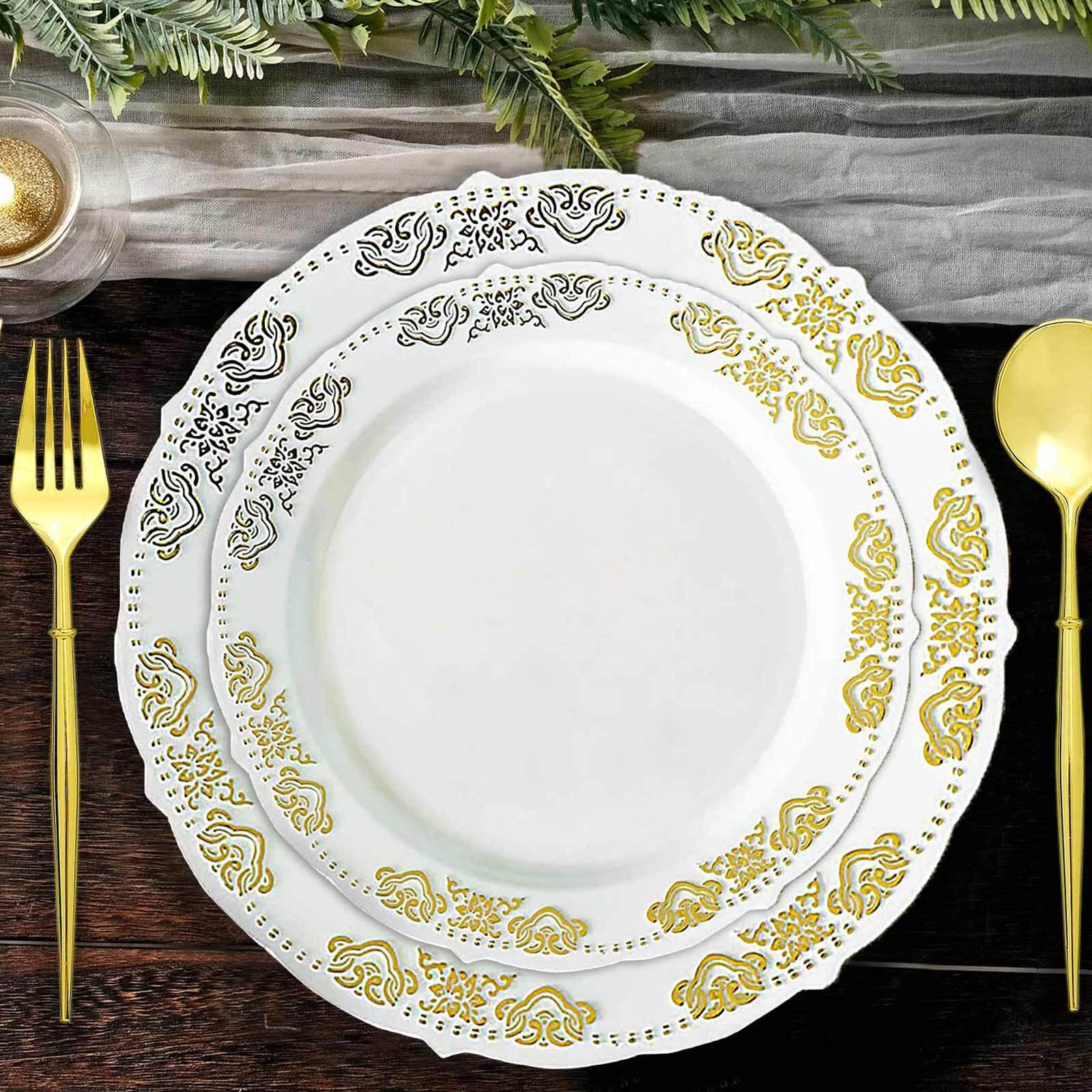 10-Pack Plastic 7.5 Round Appetizer Plates in White with Gold Embossed Scalloped Edge - Chic Disposable Salad Plates for Special Occasions & Banquets