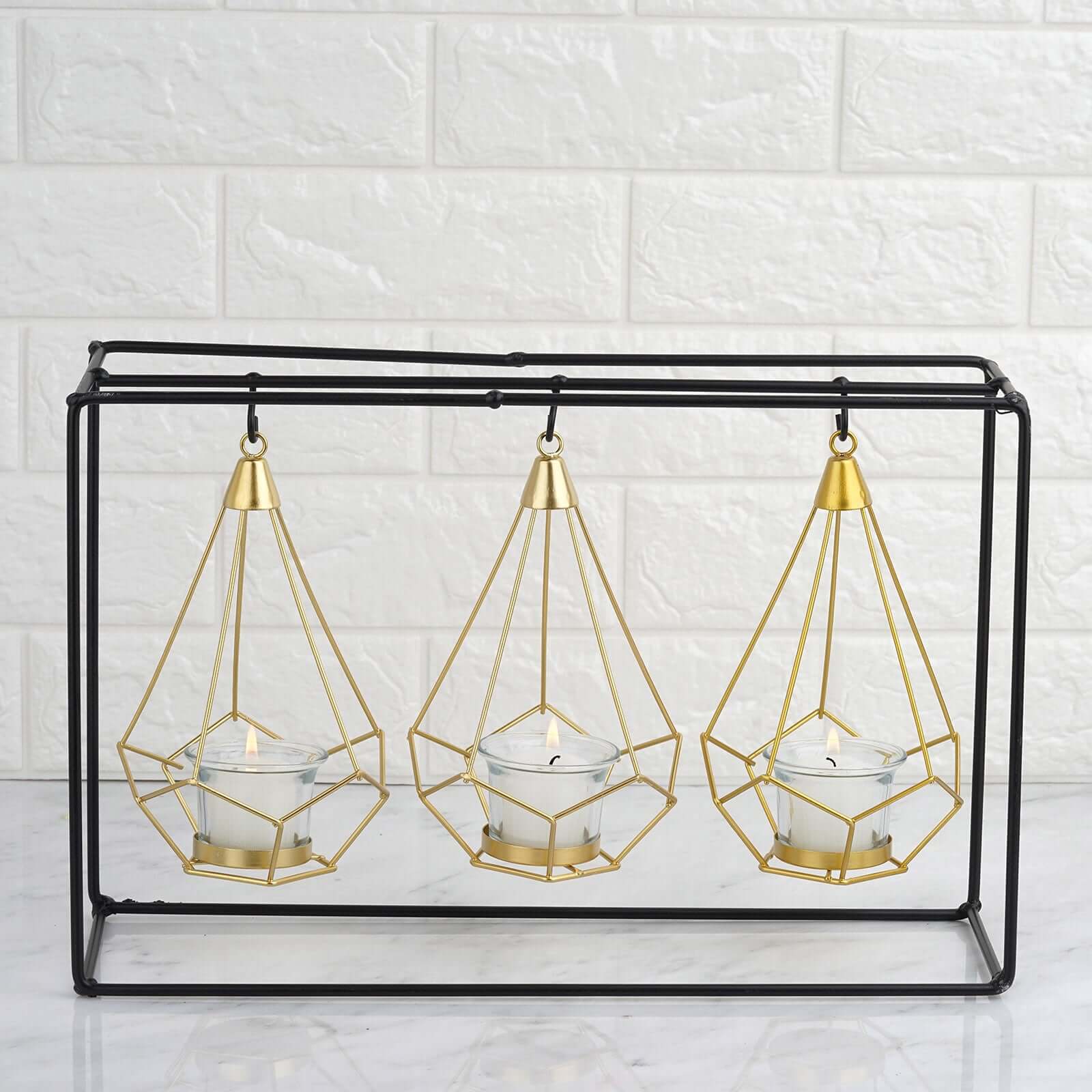 3-Pack Hanging Candle Holders Gold Geometric Design 8 with Black Iron Stand - Trendy Tealight Centerpieces for Tables 10 Tall