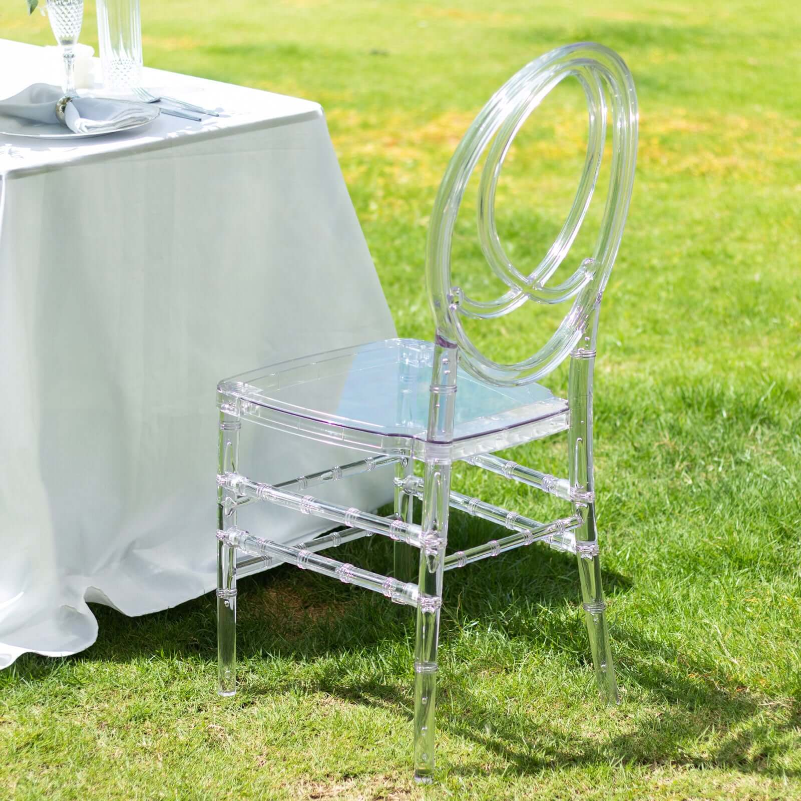 Acrylic Stackable Ghost Chair in Phoenix Chiavari style Transparent Resin with Oval Back Clear - Sleek Armless Design for Weddings & Gatherings