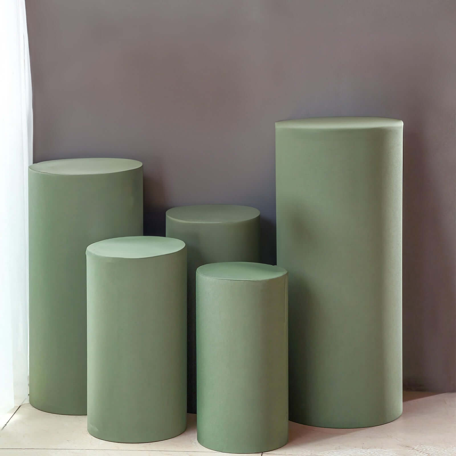 Set of 5 Dusty Sage Green Spandex Cylinder Pedestal Stand Covers, Stretchable Pillar Prop Covers - 160 GSM