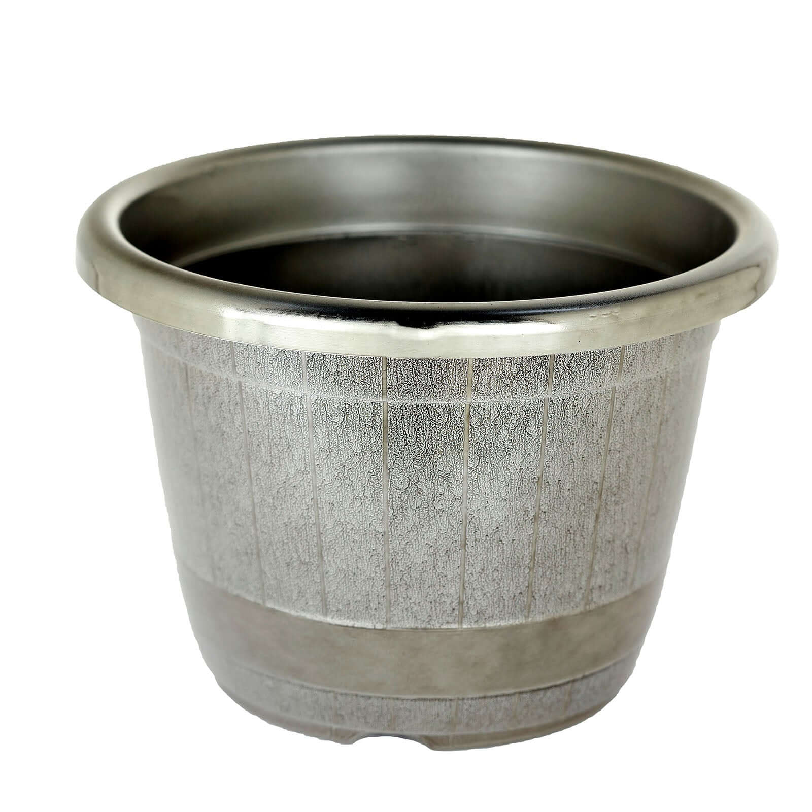 14 Silver Chrome Finished Rim Large Barrel Planter Pot, Indoor Outdoor Decorative Flower Pot