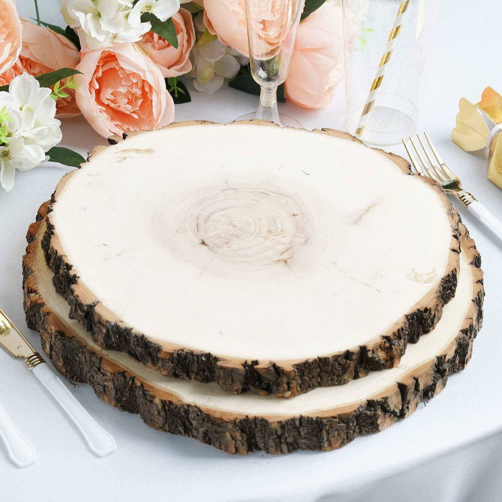 12 Dia Natural Wood Charger Plates With Bark Edge Wood Slice Chargers Rustic Wedding Table Settings