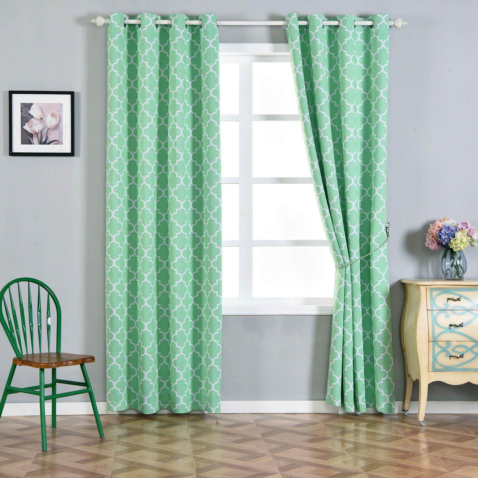 2 Pack White Mint Lattice Print Thermal Blackout Curtains With Chrome Grommet Window Treatment Panels - 52x108