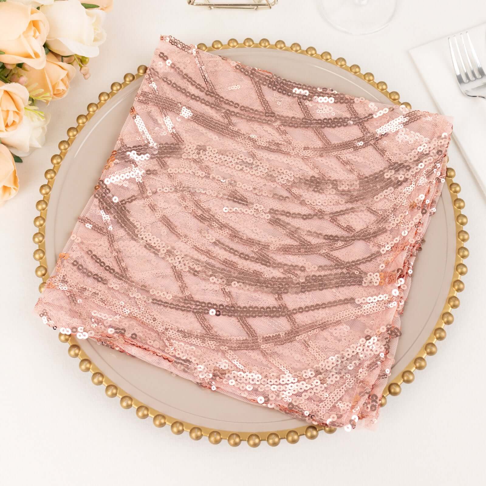 Sequin Mesh 20x20 Napkin Blush - Wave Embroidered Reusable Napkin