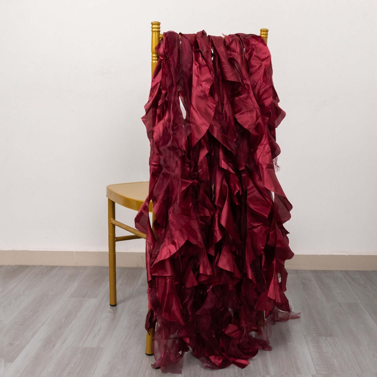 5 Pack Chiffon Satin Chair Sashes Burgundy - Easy to Install Ruffled Curly Willow