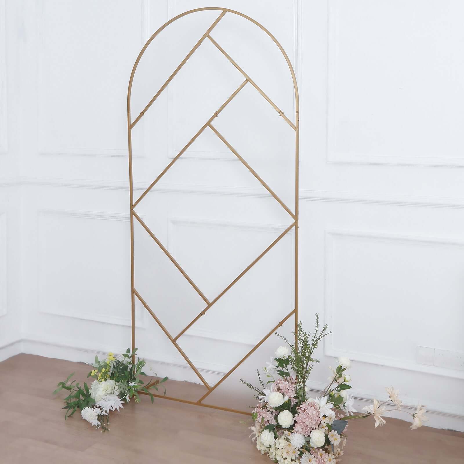 7ft Tall Gold Metal Round Top Geometric Flower Frame Prop Stand, Rectangular Wedding Backdrop Floor Stand With Cloudy Film Insert