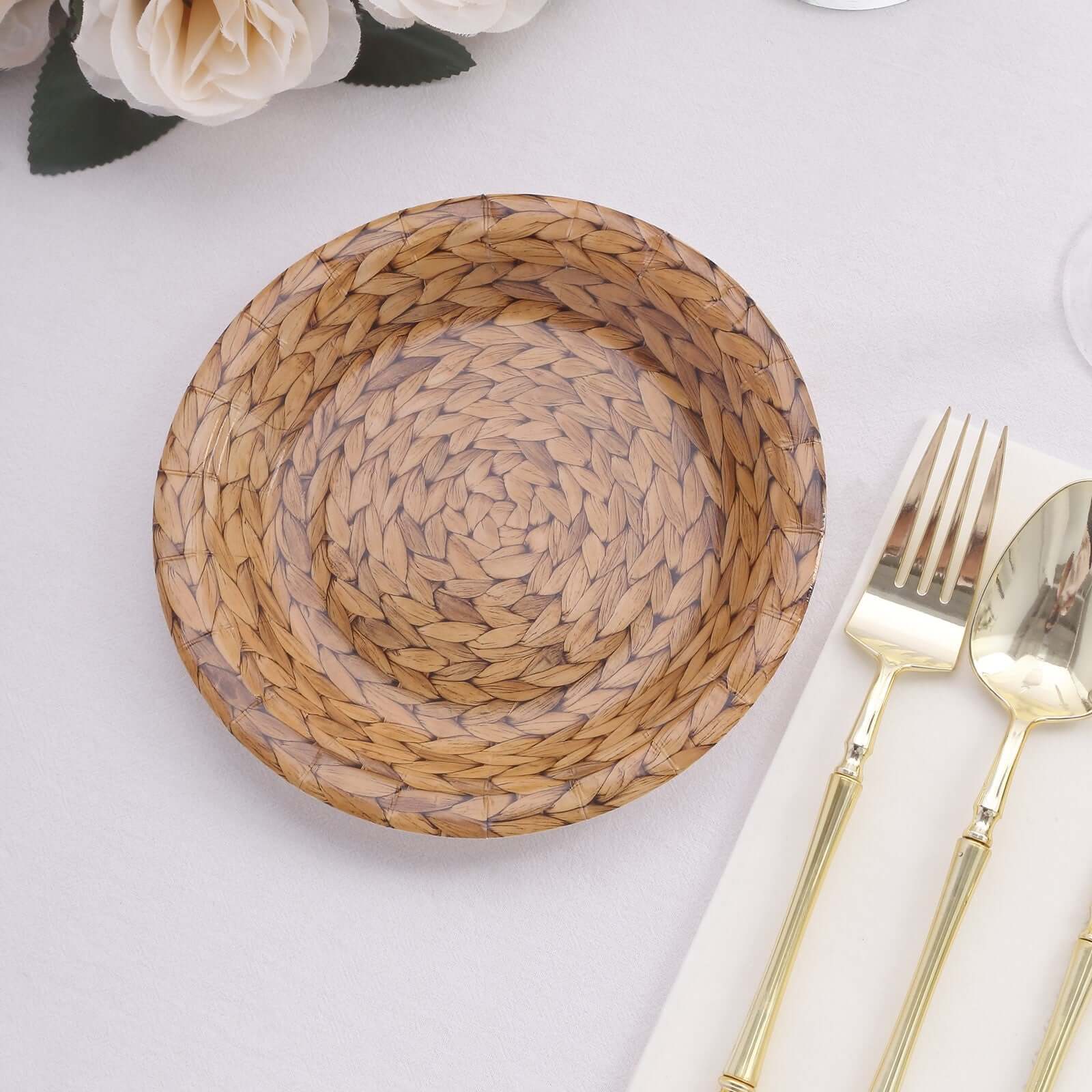 25-Pack Paper 7 Round Dessert Plates in Natural with Woven Rattan Print - Rustic Farmhouse Disposable 300GSM Appetizer Salad Plates for Indoor & Outdoor Gatherings