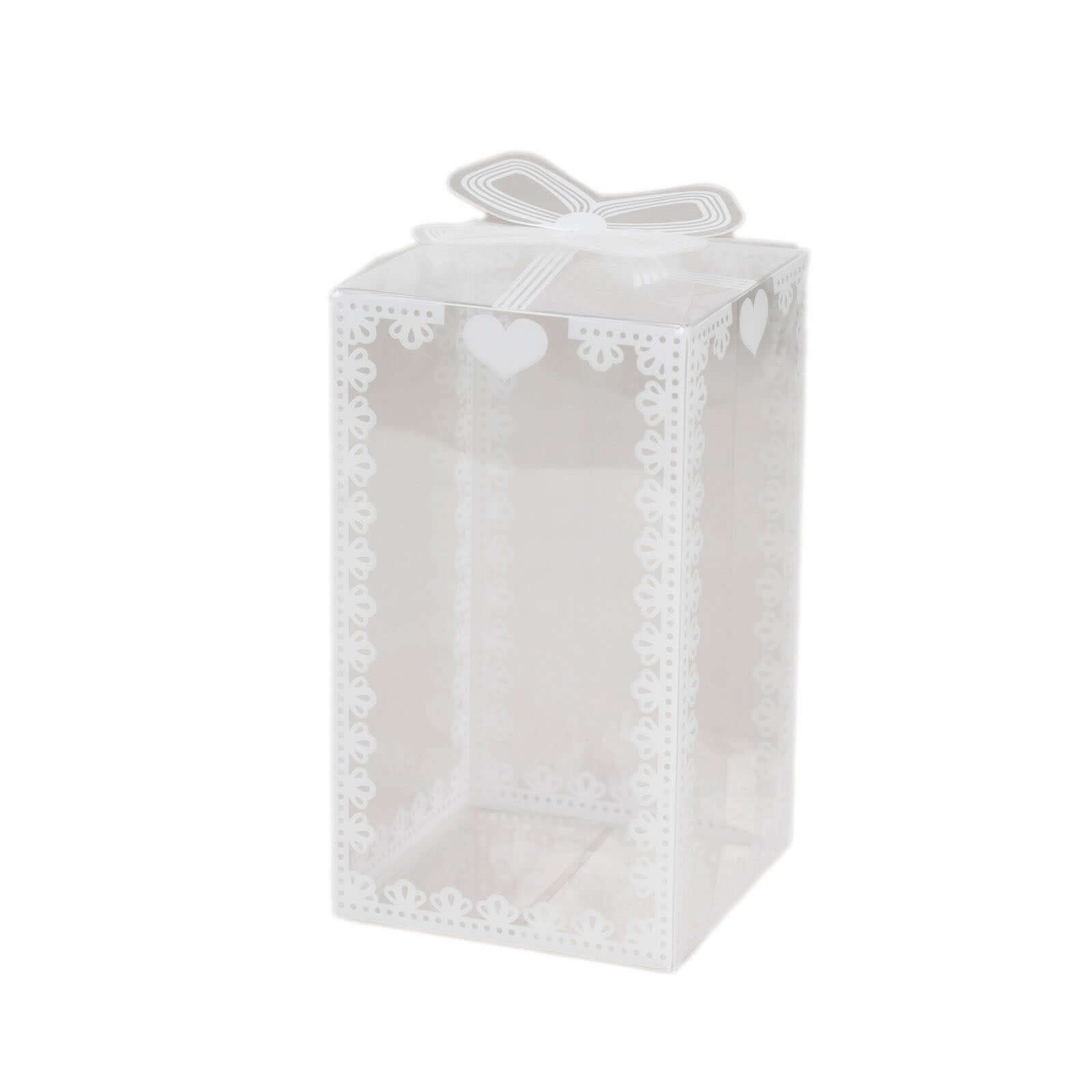 25 Pack Clear Rectangle Candy Gift Boxes With Bowknot and White Lace Pattern, 4 Transparent Plastic Party Favor Boxes - 2x2x4