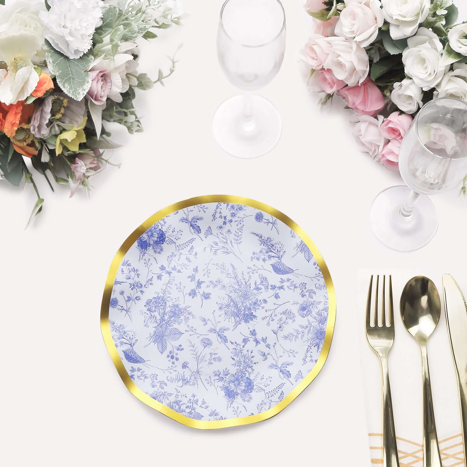25-Pack Paper Round Dessert Plates 8 in White with Blue French Toile Pattern & Gold Wavy Rim - Disposable 350GSM Salad Plates