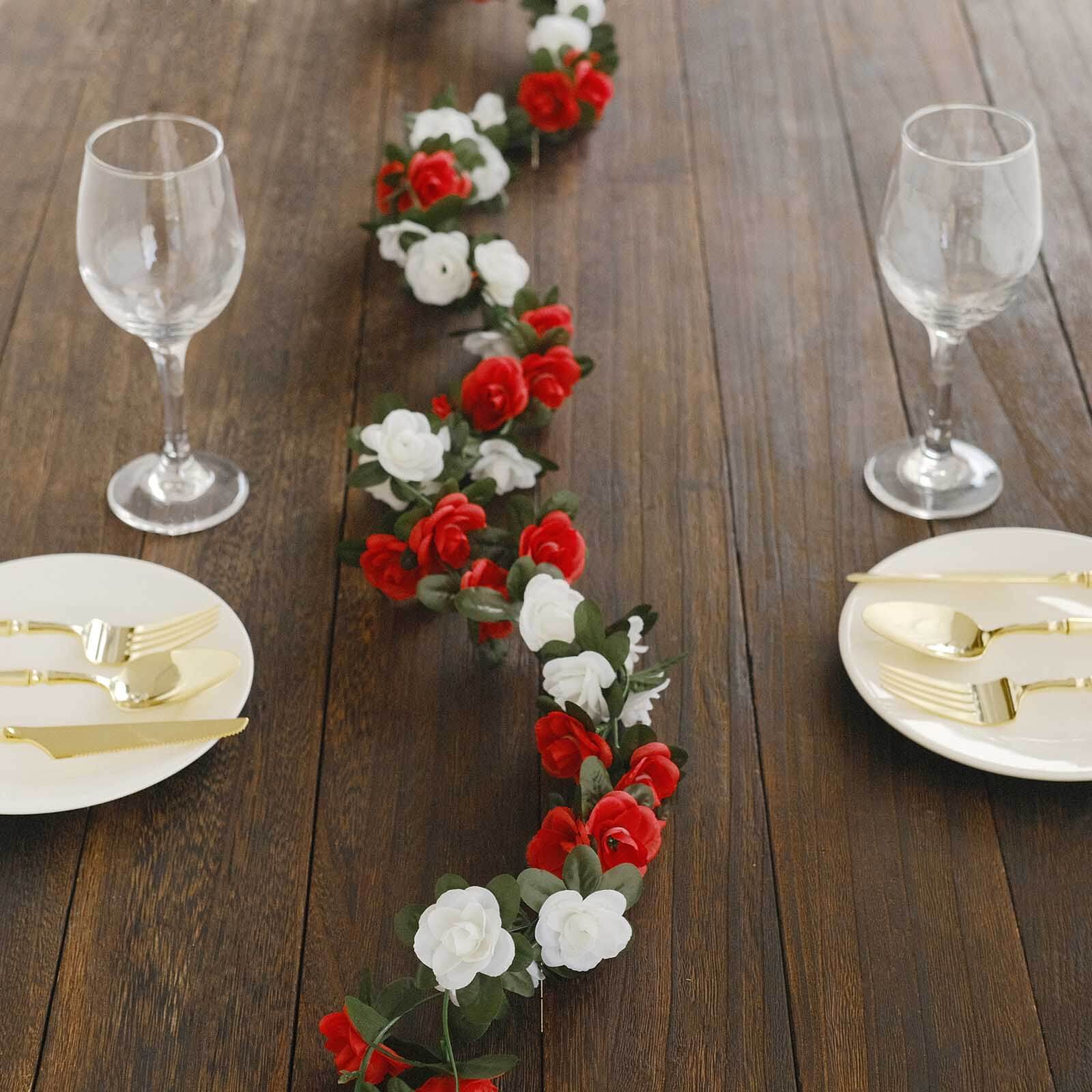 2 Pack 8ft Red Ivory Artificial Silk Flower Garland Mini Rose Vines with 45 Flower Heads