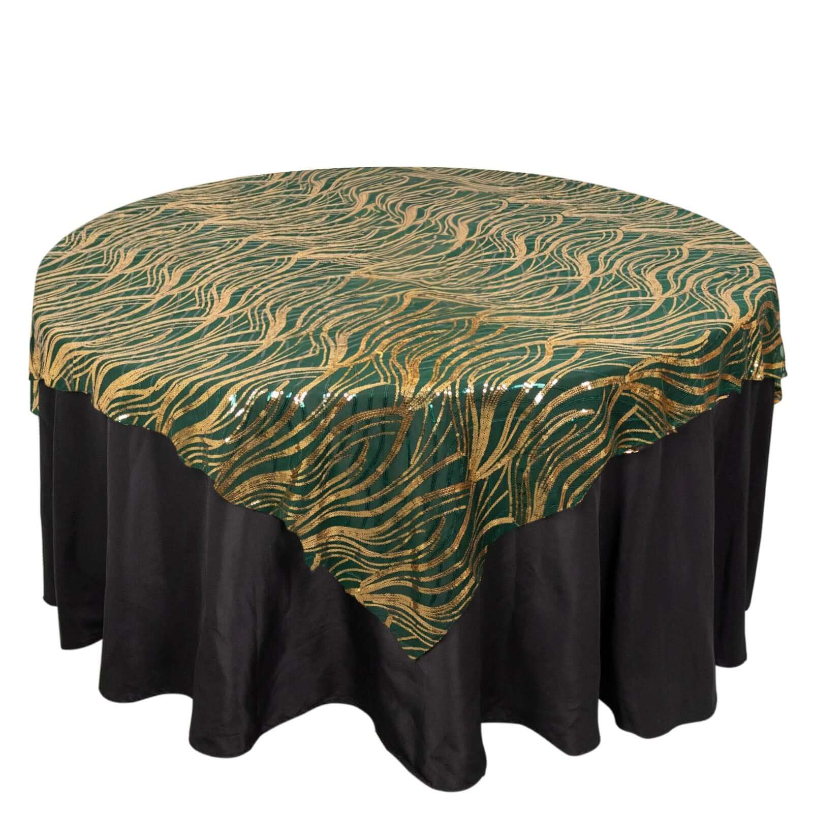 Mesh 72x72 Table Overlay Square Tablecloth Hunter Emerald Green - Wave Embroidered Sequins Table Topper