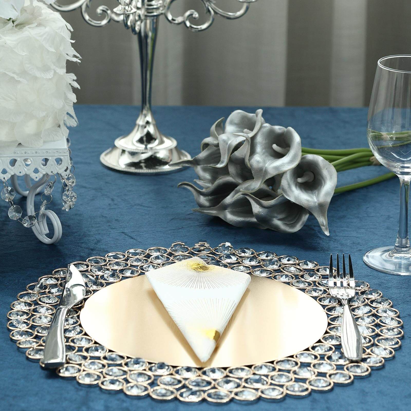 Wired Metal Round Charger Plate 14 in Gold with Acrylic Crystal Beads, Glamorous Decorative Dinner Charger Tableware