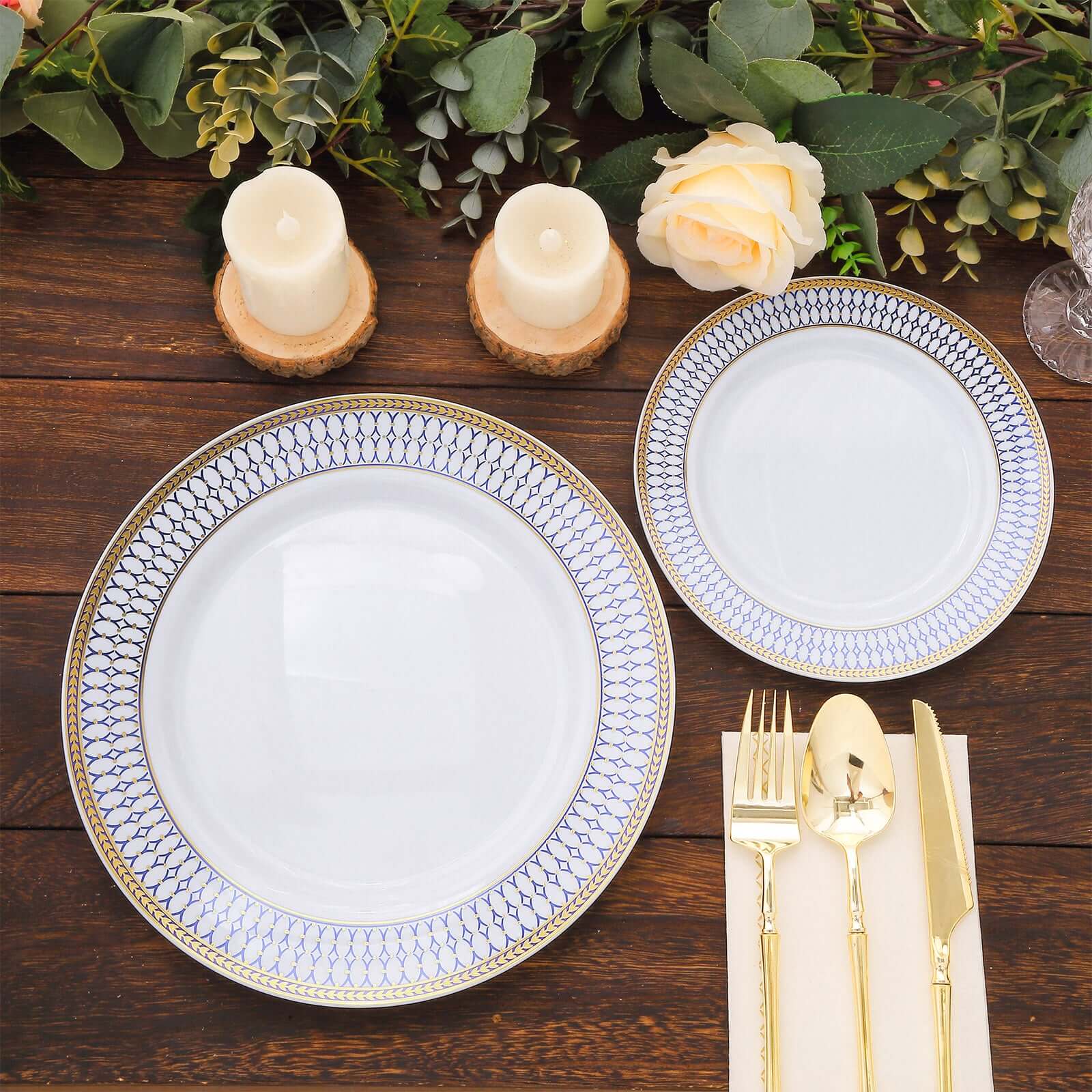 10-Pack Plastic 10 Round Dinner Plates in White with Gold Navy Blue Chord Rim - Renaissance Style Disposable Plates for Events & Banquets