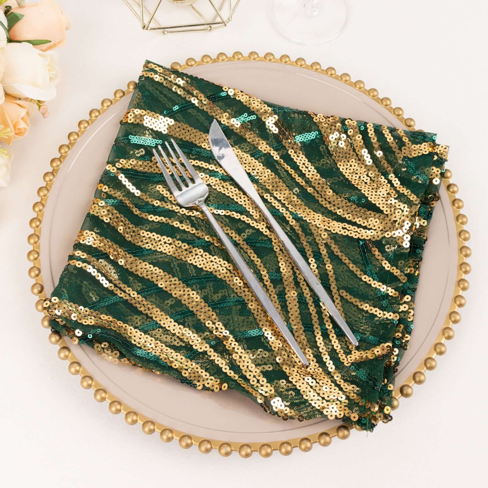 Sequin Mesh 20x20 Napkin Hunter Emerald Green Gold - Wave Embroidered Reusable Napkin