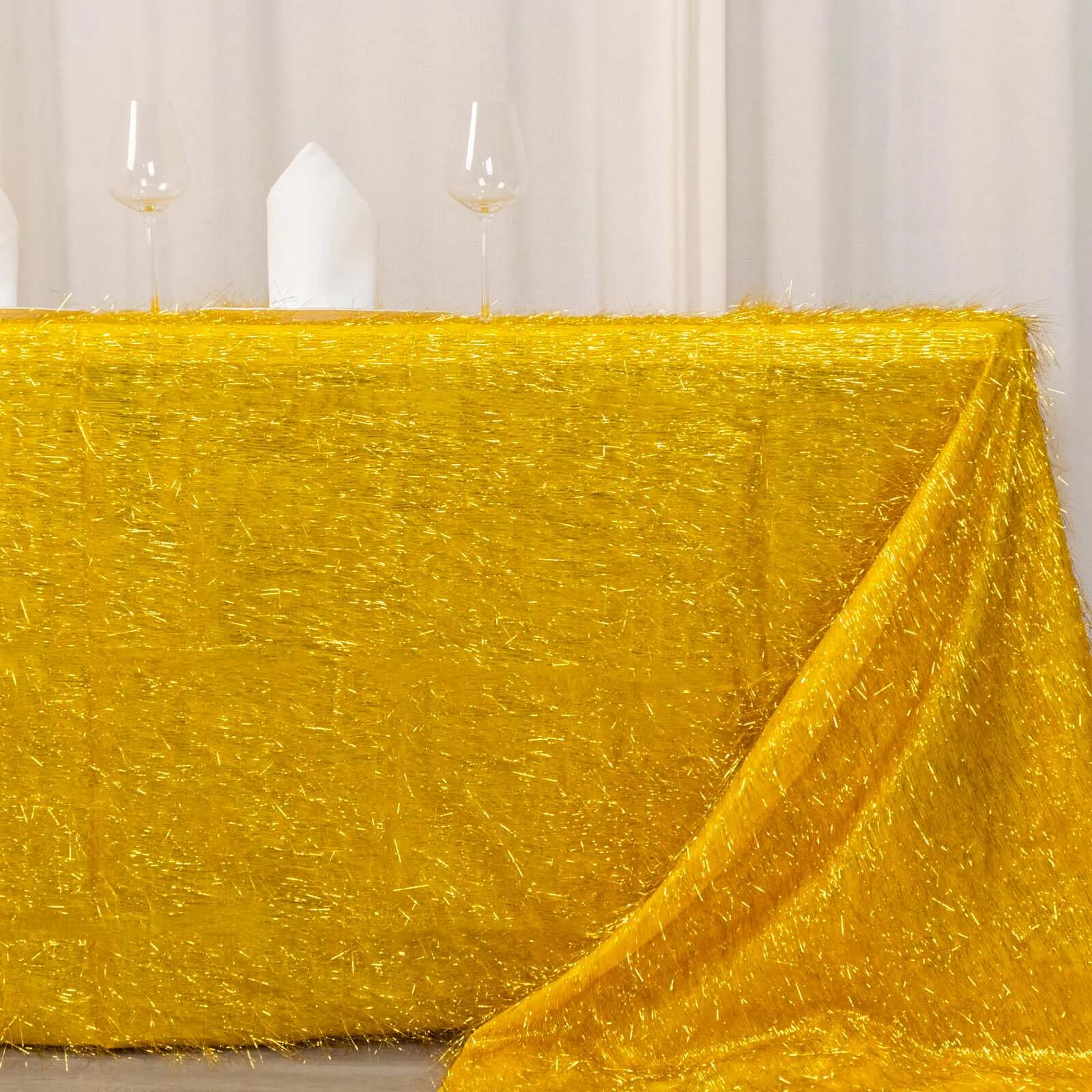 Polyester 90x156 Rectangle Tablecloth Gold Metallic Fringe Shag Tinsel Design Table Cover for Events Decor