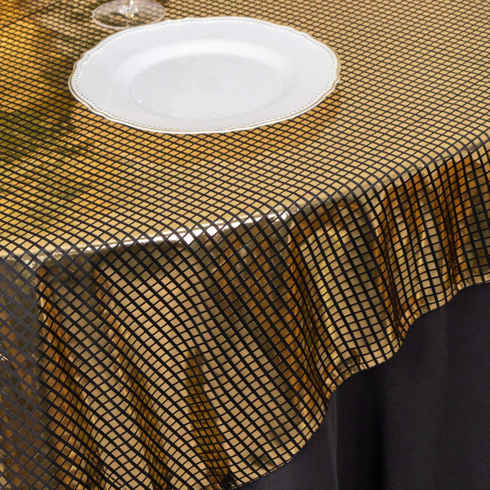 Polyester 72x72 Table Overlay Square Tablecloth Black - Gold Foil Disco Mirror Ball Design for Stylish Celebrations