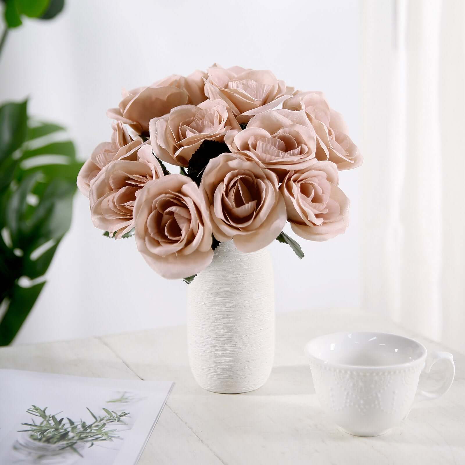 12 Dusty Rose Artificial Velvet-Like Fabric Rose Flower Bouquet Bush
