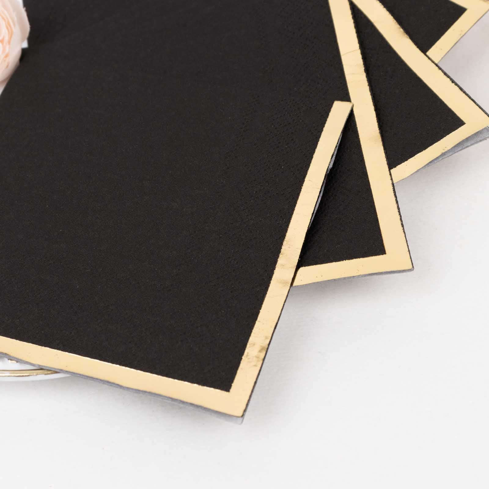 50-Pack Paper Beverage Napkins Black with Gold Foil Edge - 2 Ply Disposable Soft 18GSM Cocktail Napkins for Events 5x5