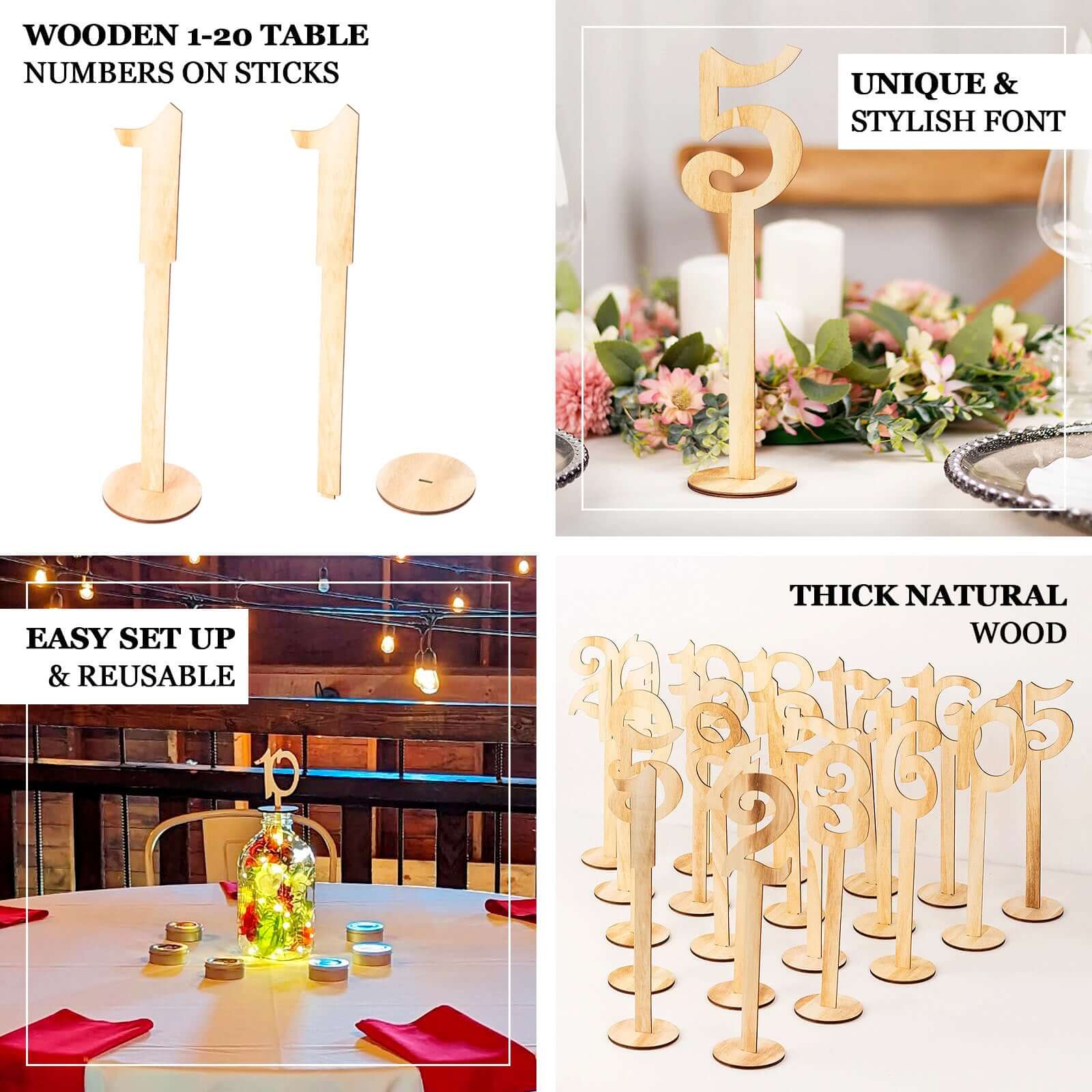 Set of 20 Wooden Wedding Table Numbers Natural 1-20 with Round Holder Base - Rustic Table Signs for Receptions 11 Tall