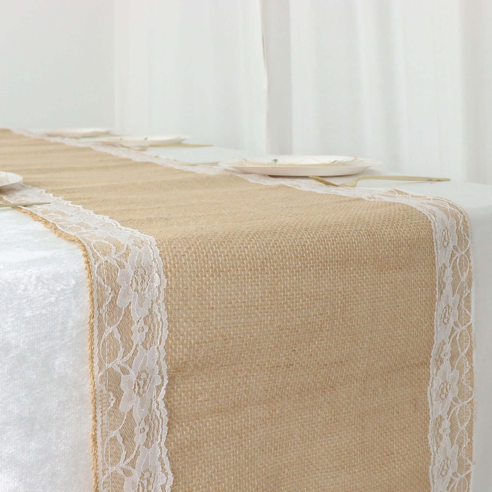 Burlap Jute 14x104 Table Runner Natural With White Lace Trim Edges - Rustic Vintage Tabletop Decor