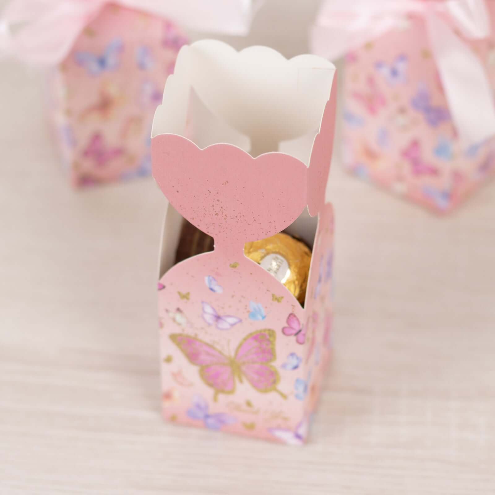 25 Pack Pink Floral Top Candy Gift Boxes With Butterfly Print, Cardstock Paper Party Favor Boxes With Satin Ribbons - 2x5