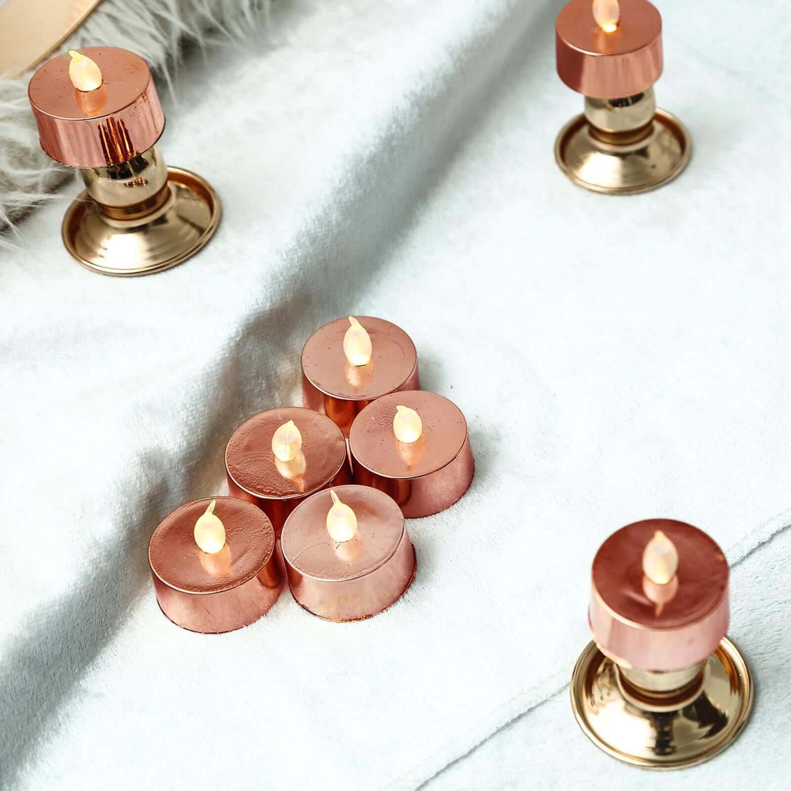 12-Pack LED Tealight Candles Rose Gold Metallic Design - Reusable Flameless Battery Operated Lights