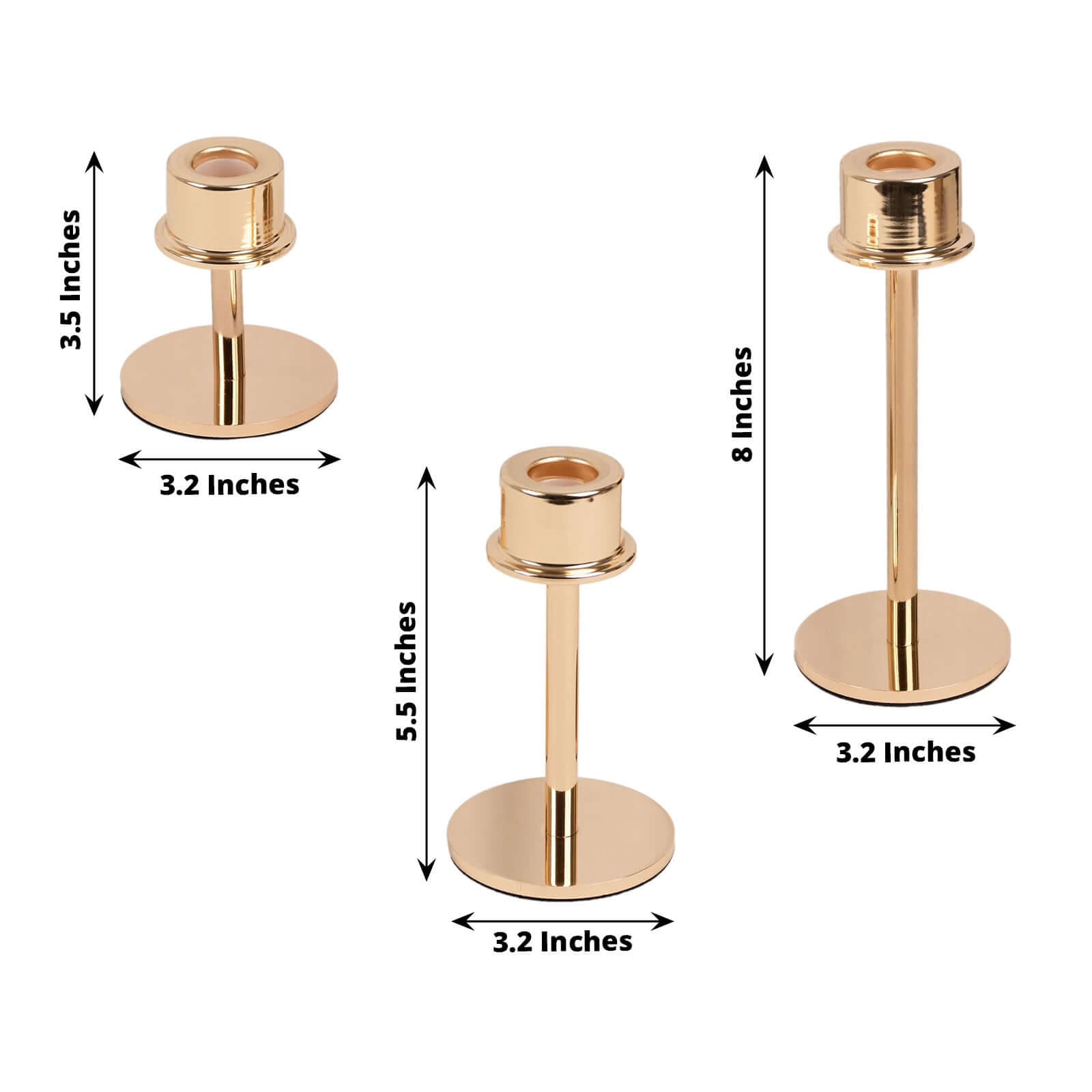 Set of 3 Metal Taper Candlestick Holders Gold with Round Base - Hurricane Candle Stands 3.5, 5.5, 8