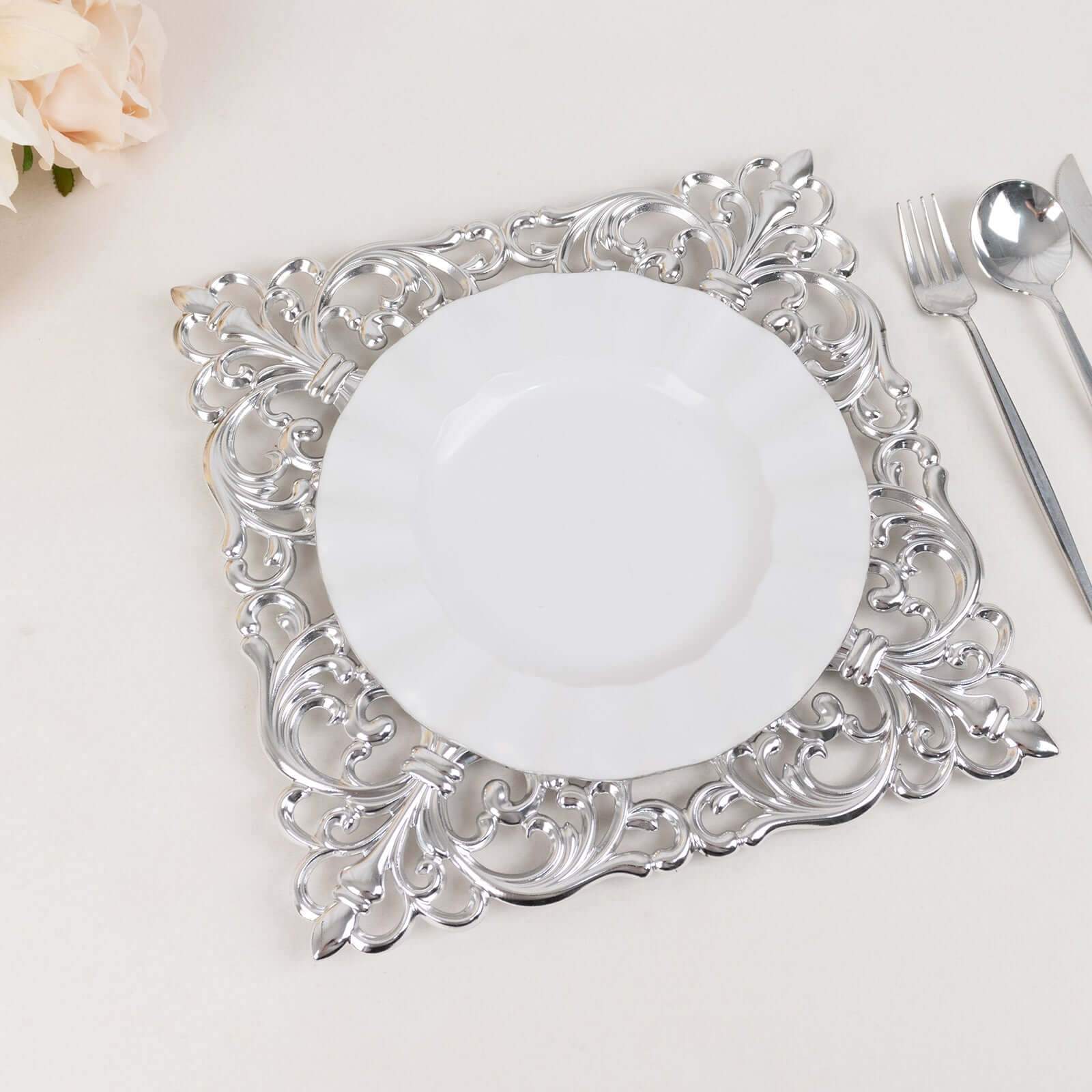 6-Pack Acrylic Square Charger Plates 12 in Silver with Hollow Lace Border, Event Tabletop Decorative Charger Tableware