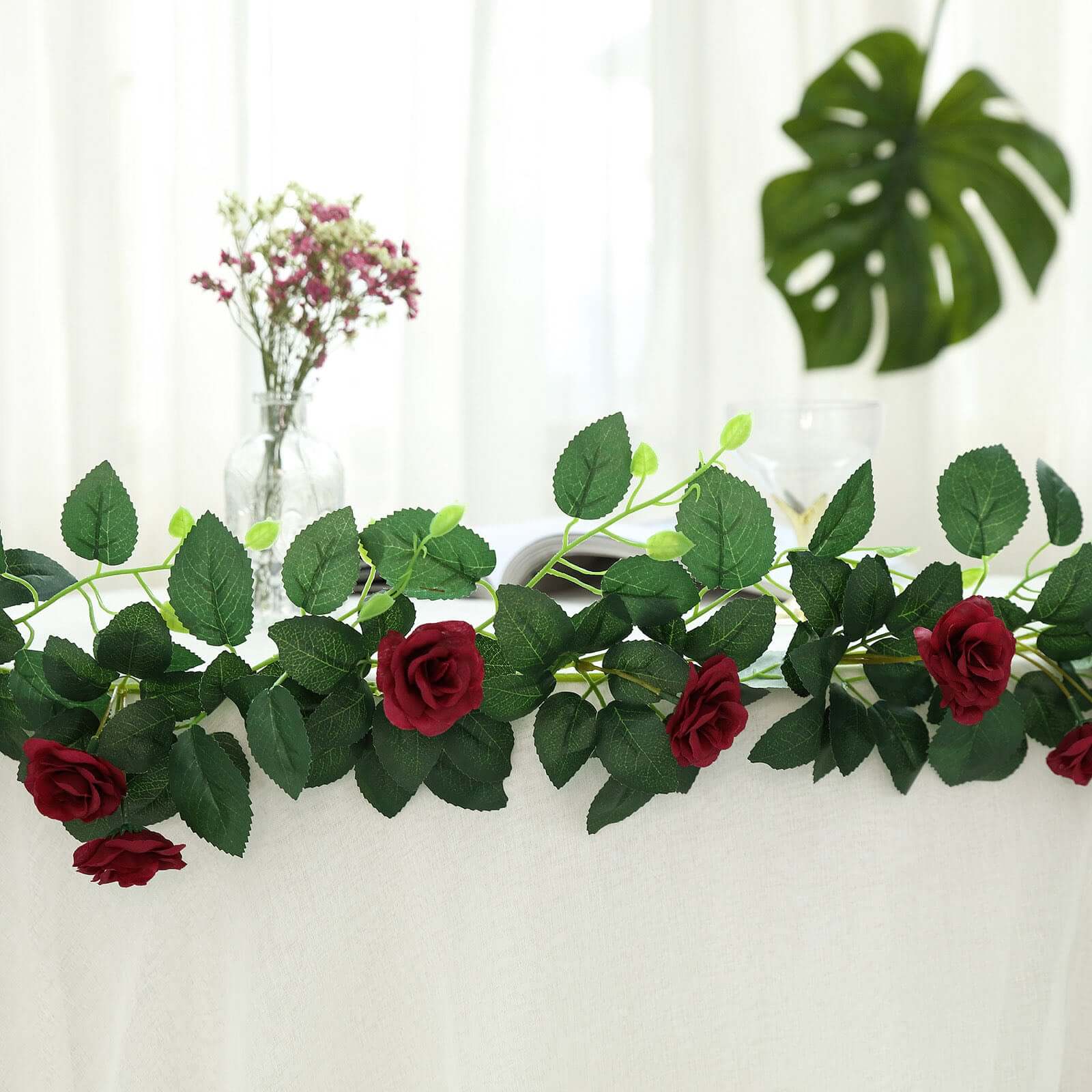 6ft 20 Burgundy Artificial Silk Roses Flower Garland, Hanging Vine