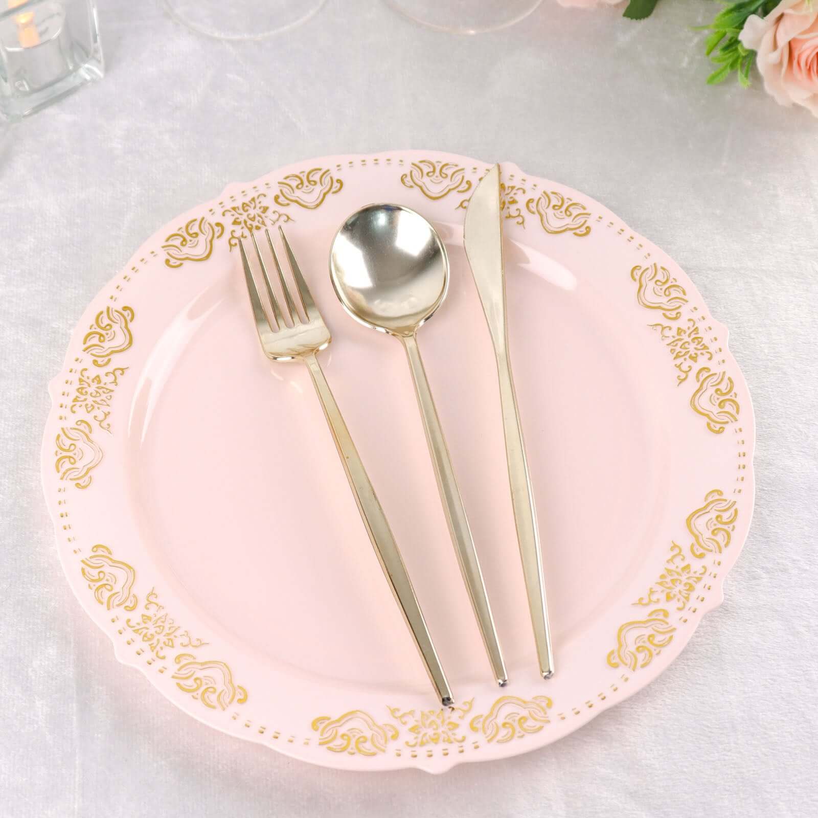 10-Pack Plastic 10 Round Dinner Plates in Blush with Gold Embossed Scalloped Edge - Chic Disposable Party Plates for Special Occasions & Banquets