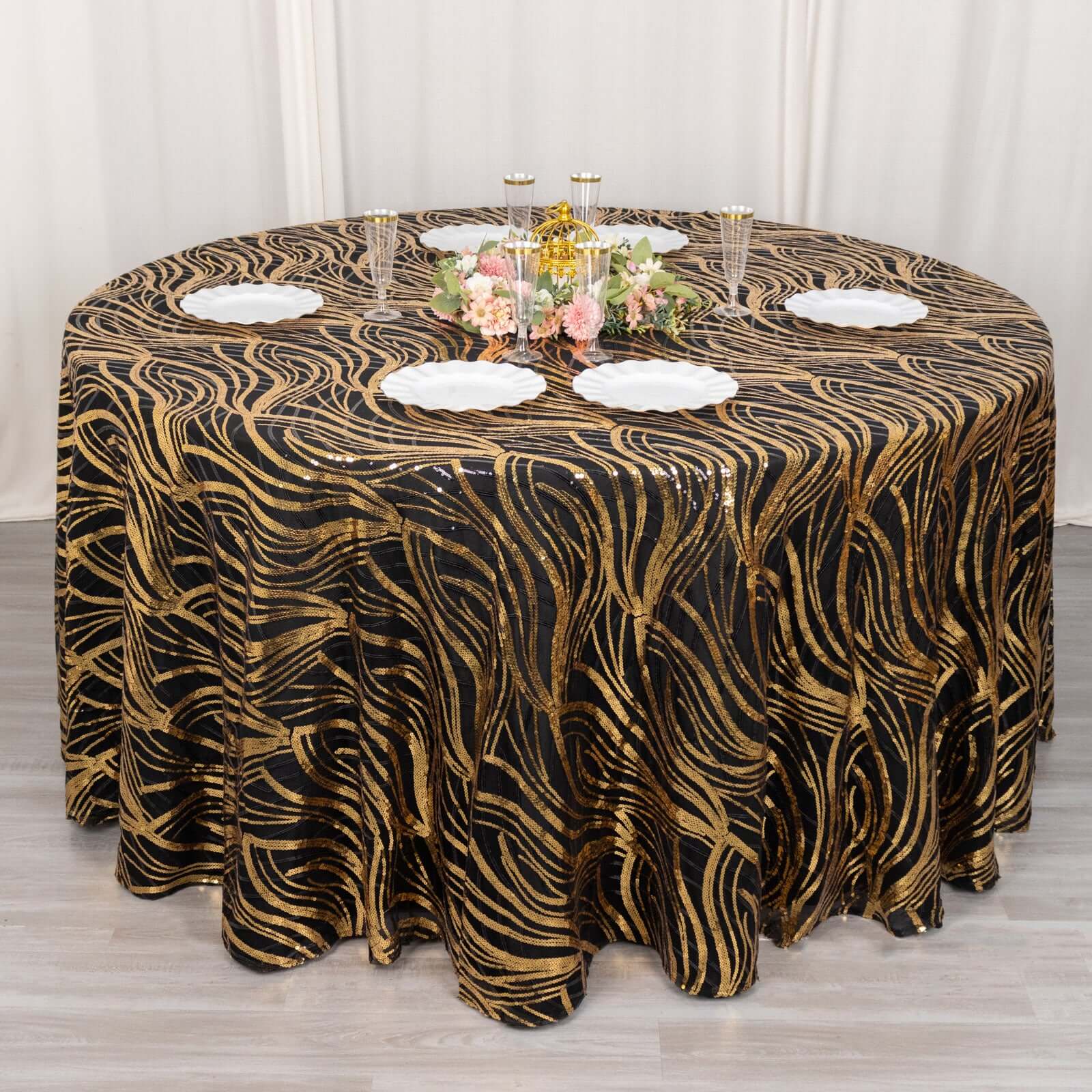 Sequin Mesh 120 Round Tablecloth Black/Gold - Seamless Wave Embroidered Table Cover