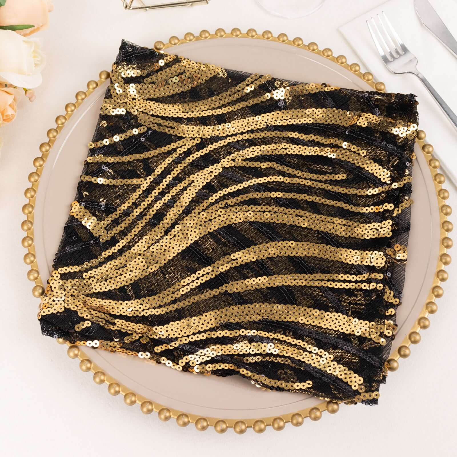 Sequin Mesh 20x20 Napkin Black Gold - Wave Embroidered Reusable Napkin