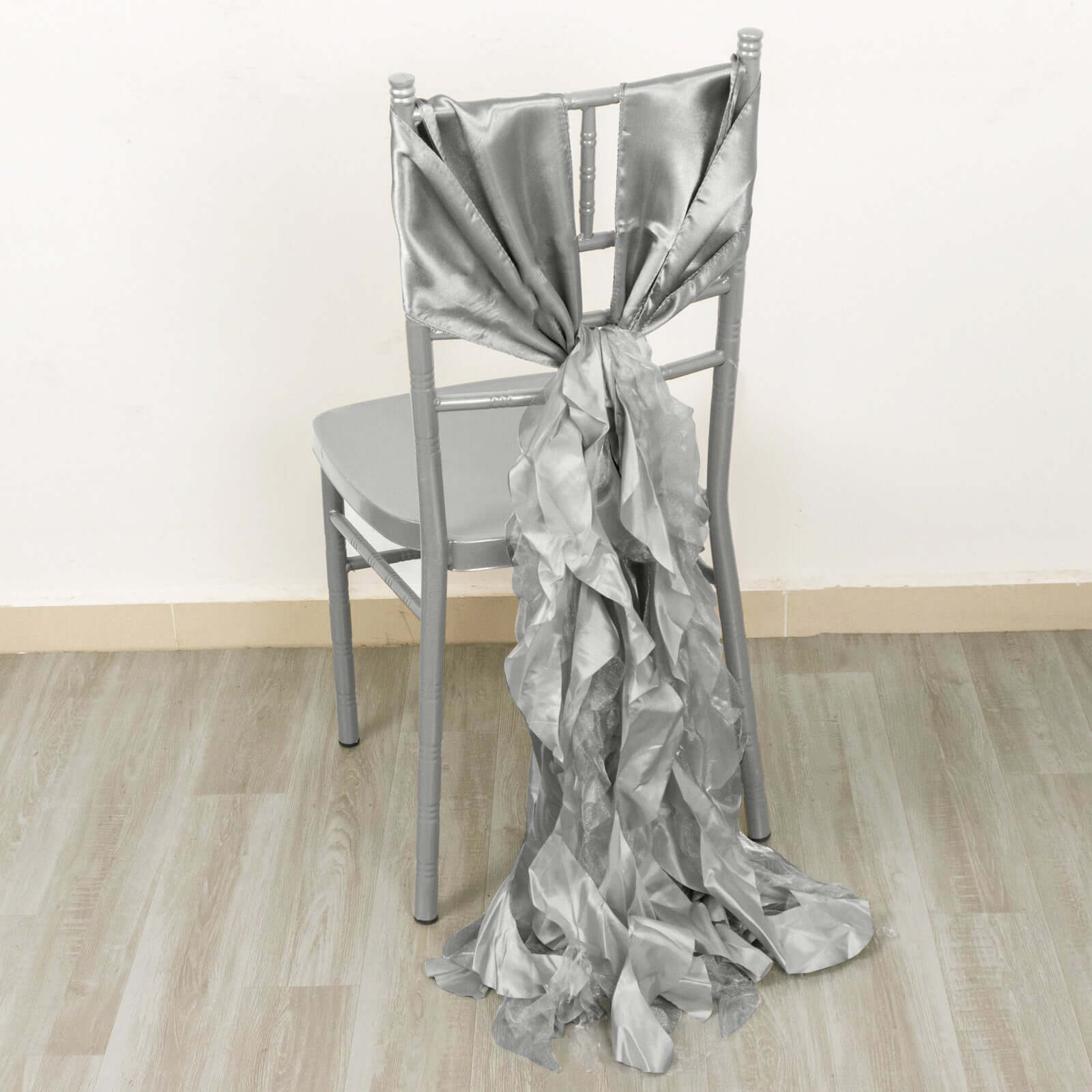 5 Pack Chiffon Satin Chair Sashes Silver - Easy to Install Ruffled Curly Willow